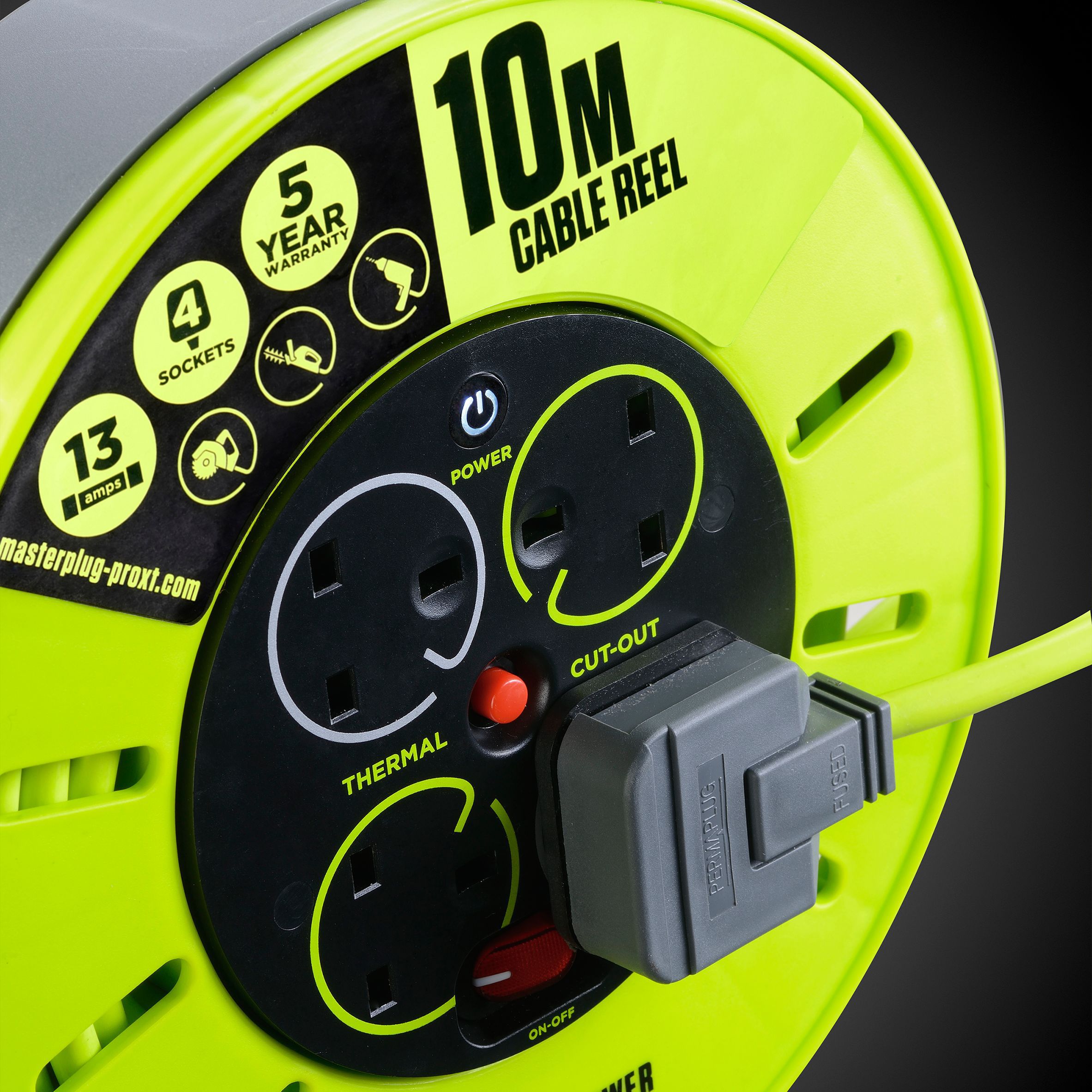 Masterplug 4 socket Green & grey Indoor Cable reel, 10m
