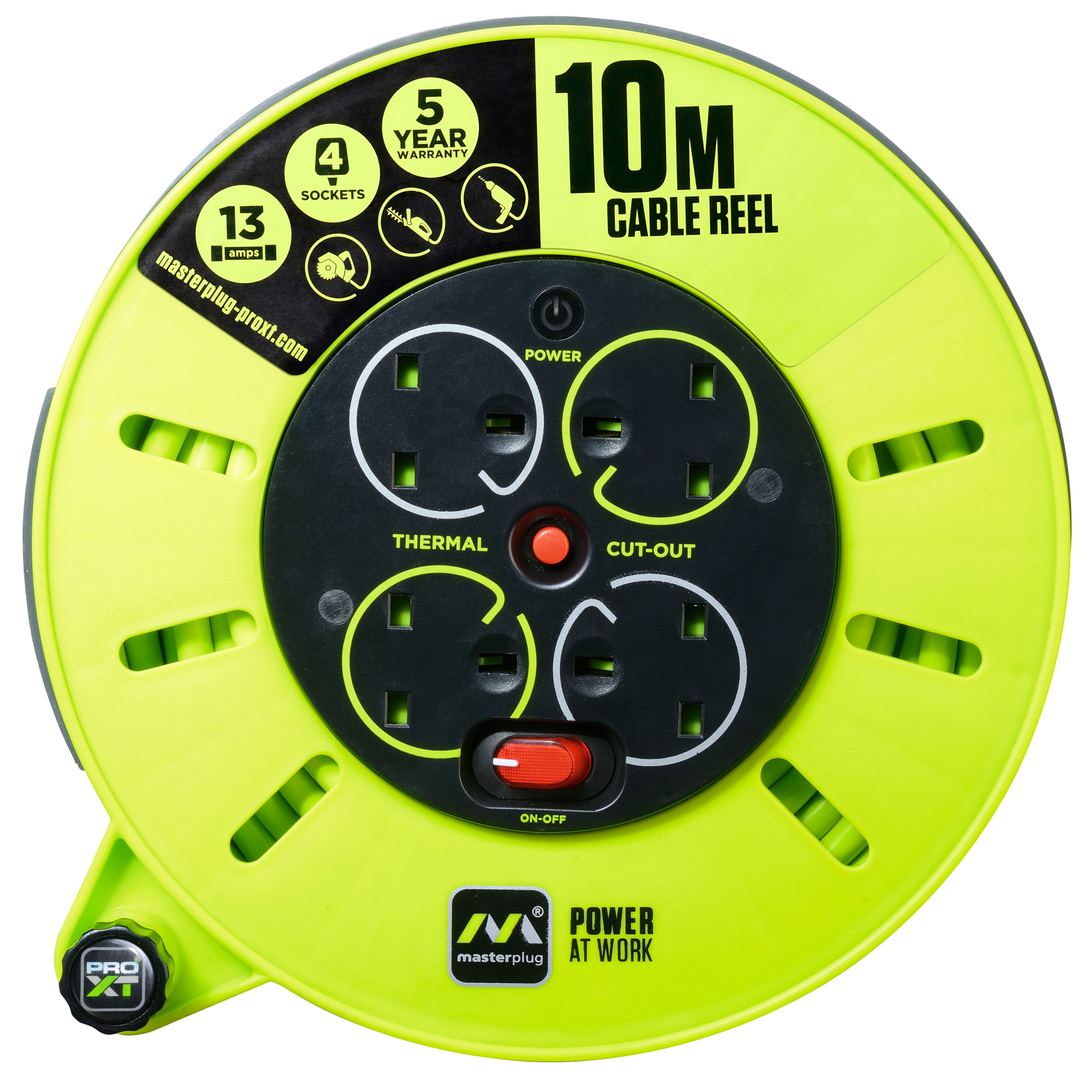Masterplug 4 socket Green & grey Indoor Cable reel, 10m