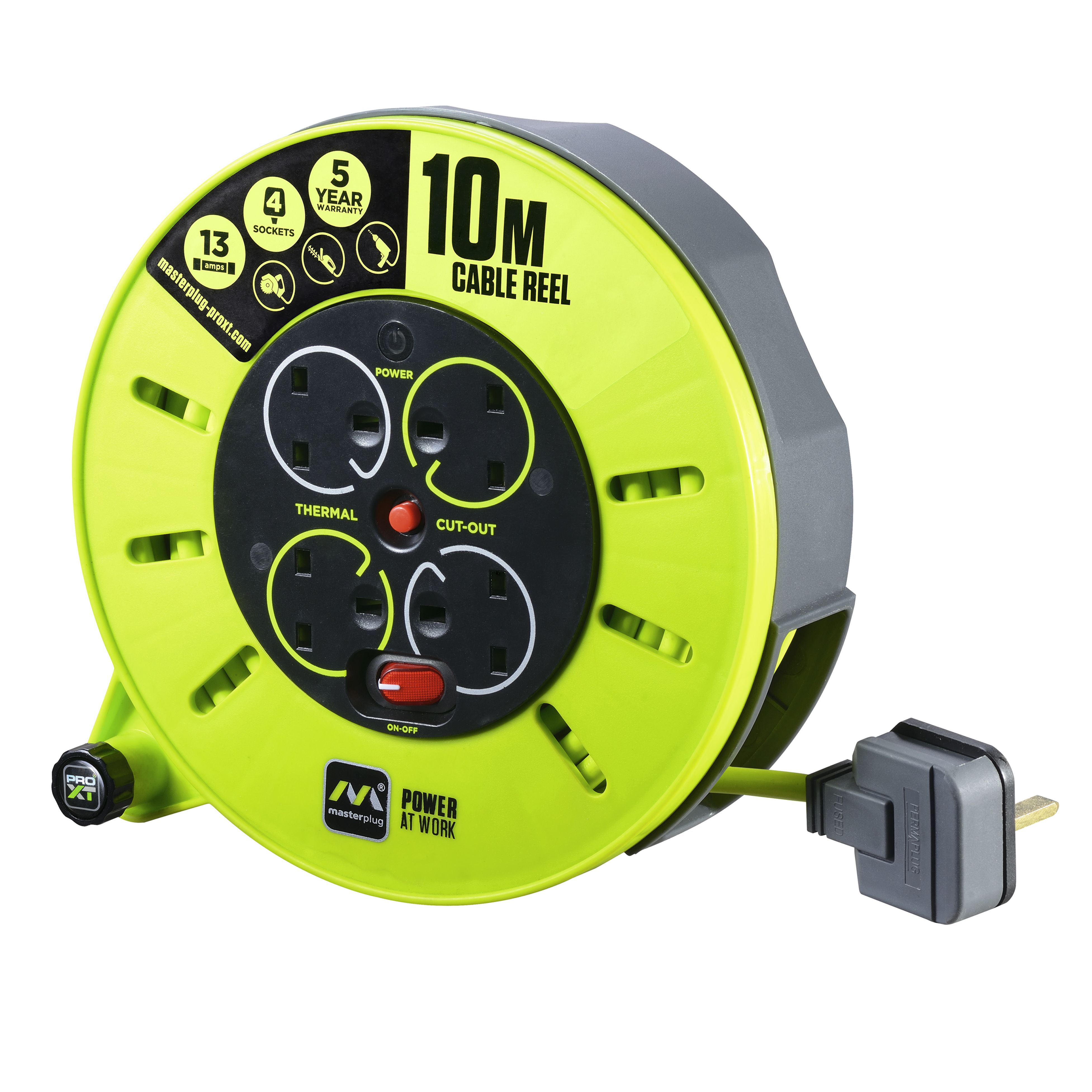 Masterplug 4 socket Green & grey Indoor Cable reel, 10m