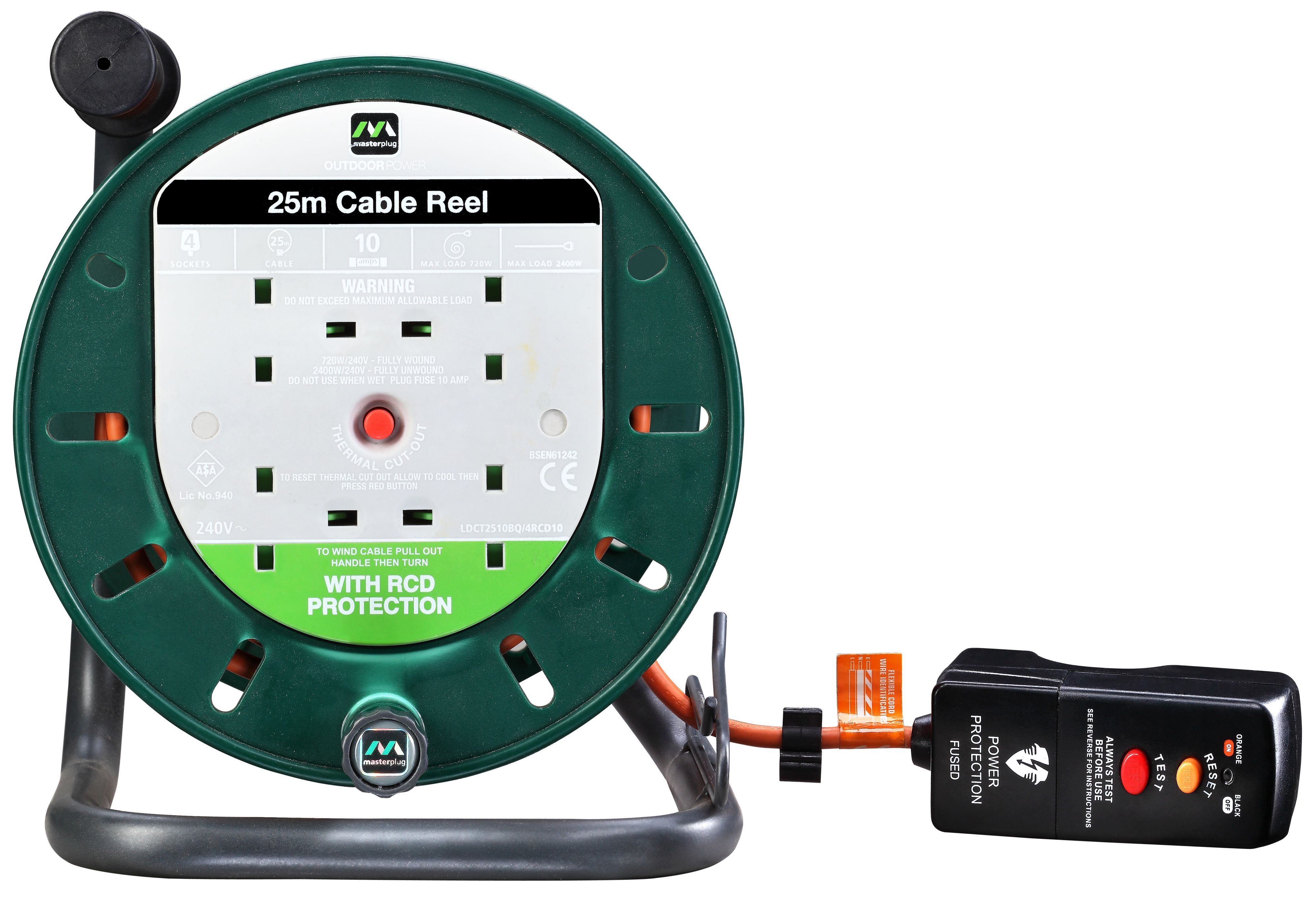 Masterplug 4 socket Green & orange Outdoor Cable reel, 25m