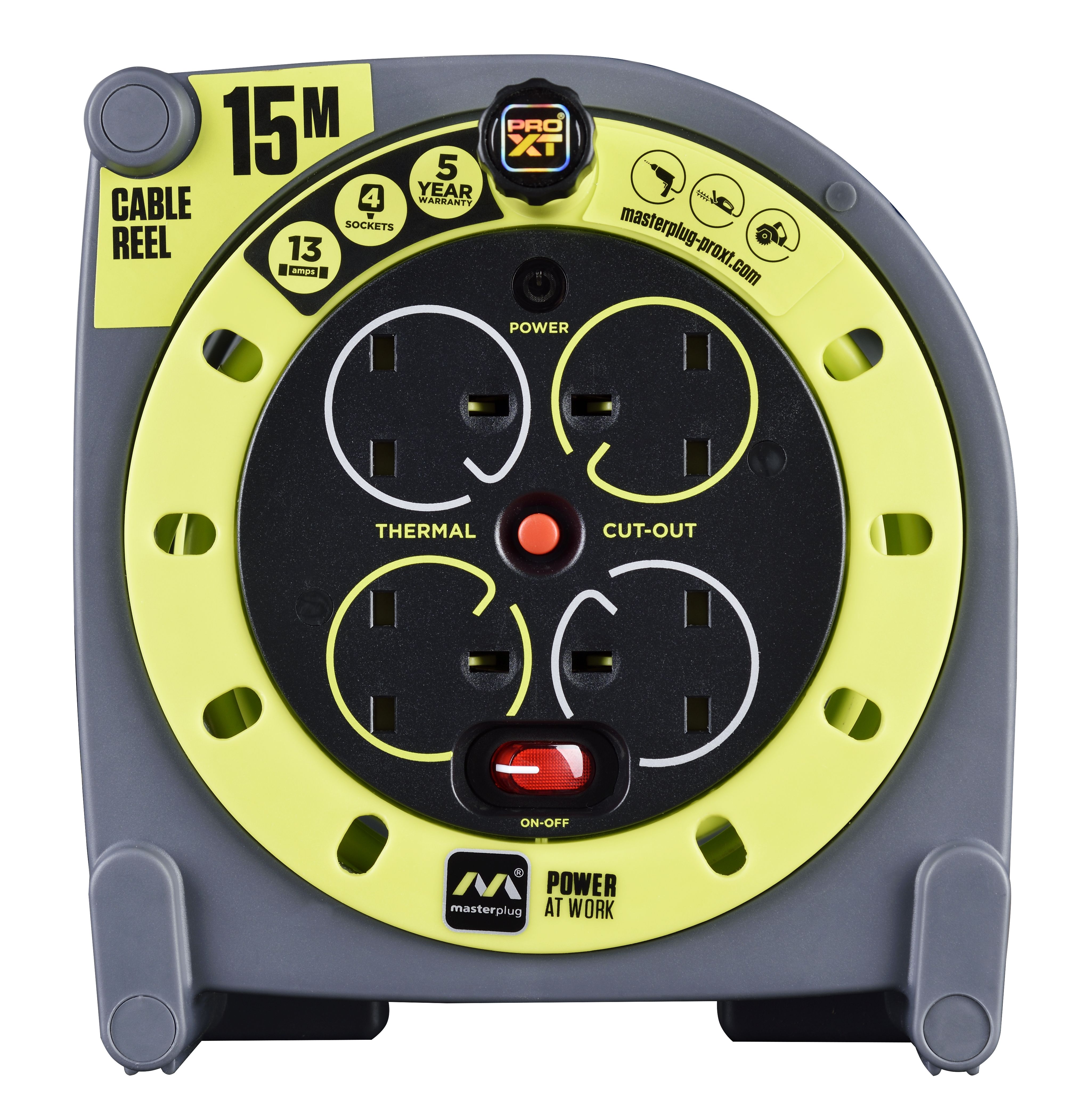 Masterplug 4 socket Grey & green Indoor & outdoor Cable reel, 15m