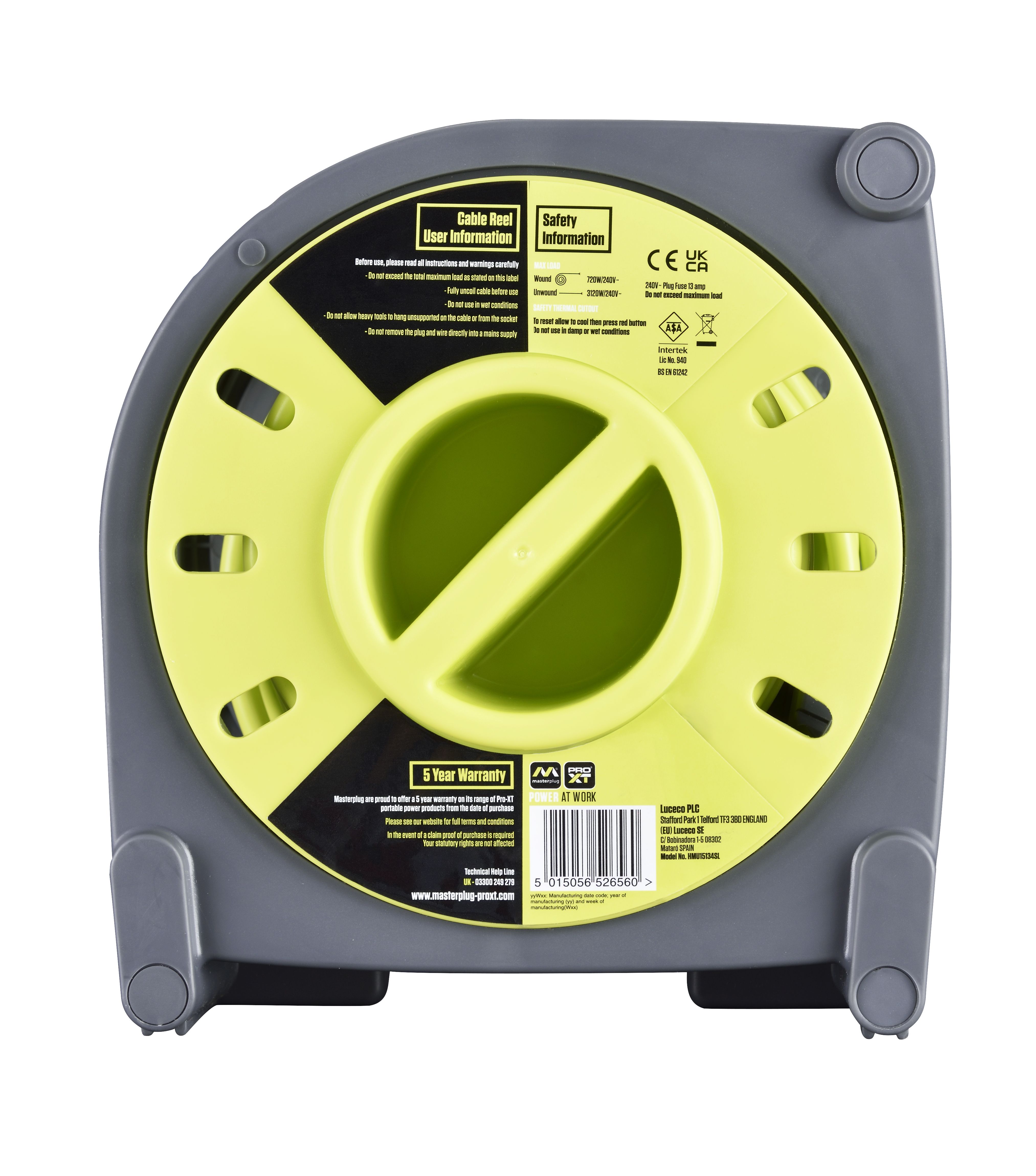 Masterplug 4 socket Grey & green Indoor & outdoor Cable reel, 15m