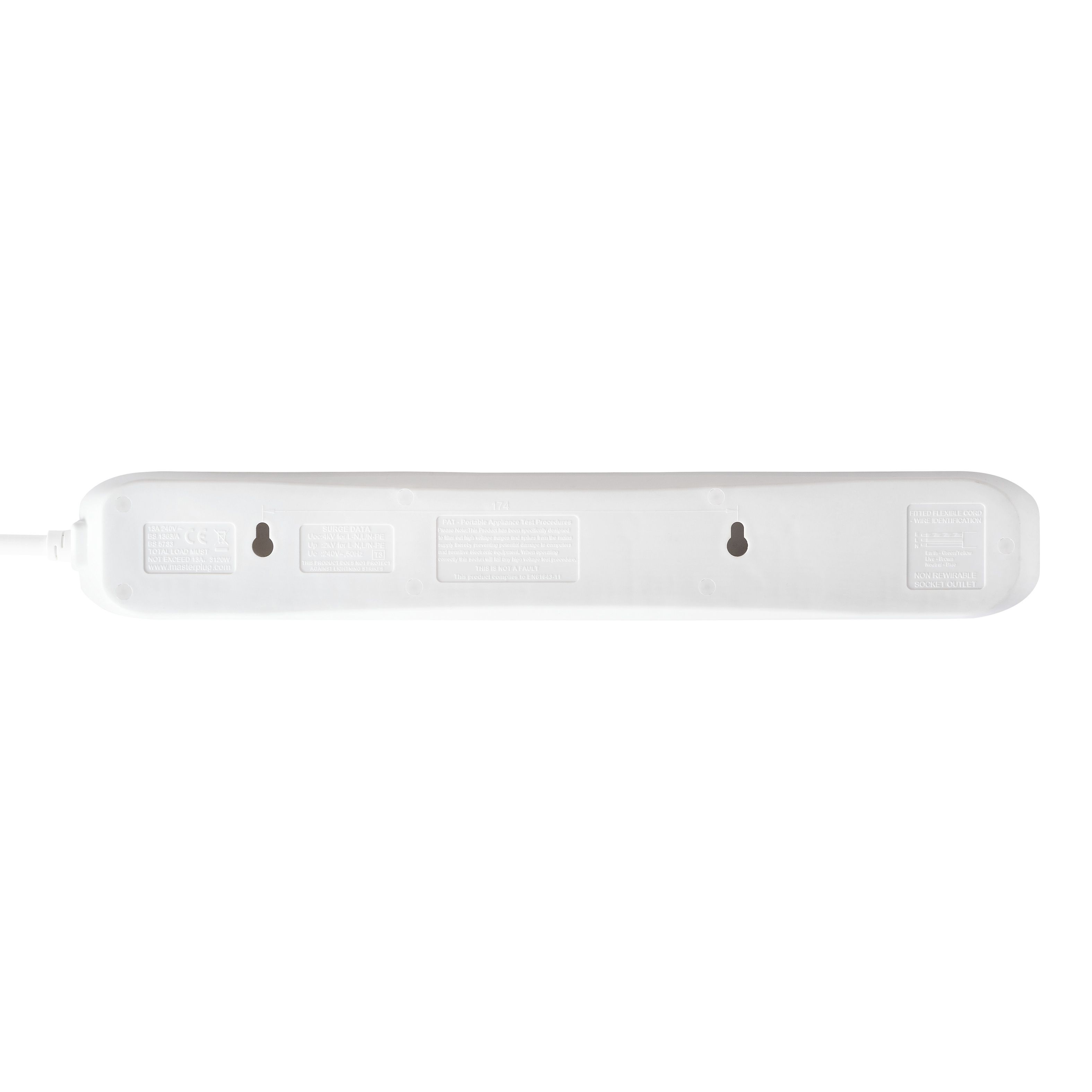 Masterplug 6 socket 13A Surge protected White Extension lead, 4m
