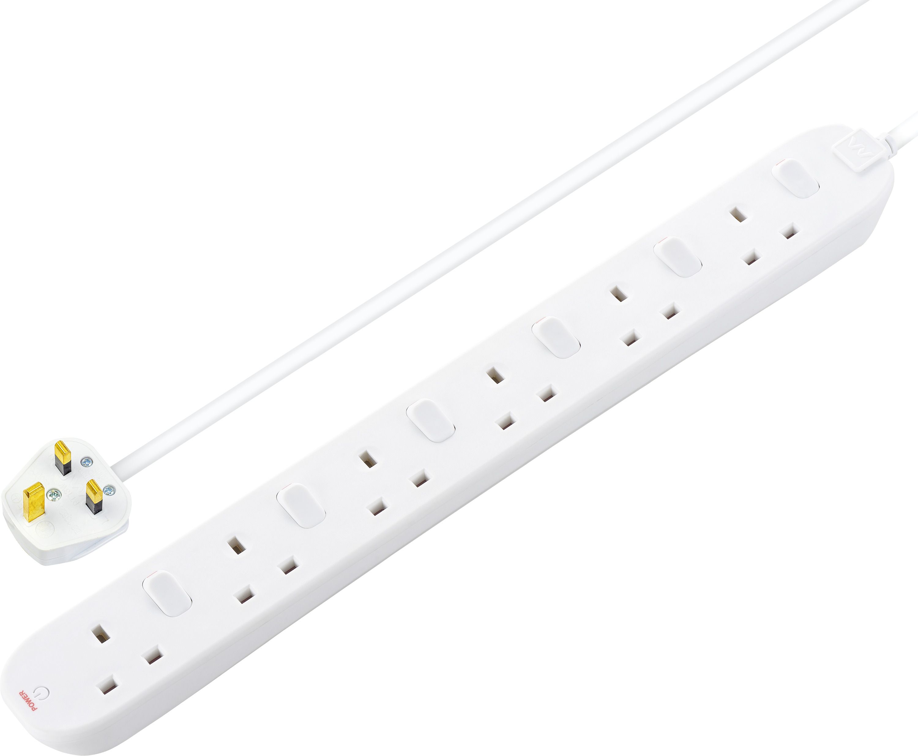 Masterplug 6 socket 13A Switched White Extension lead, 2m