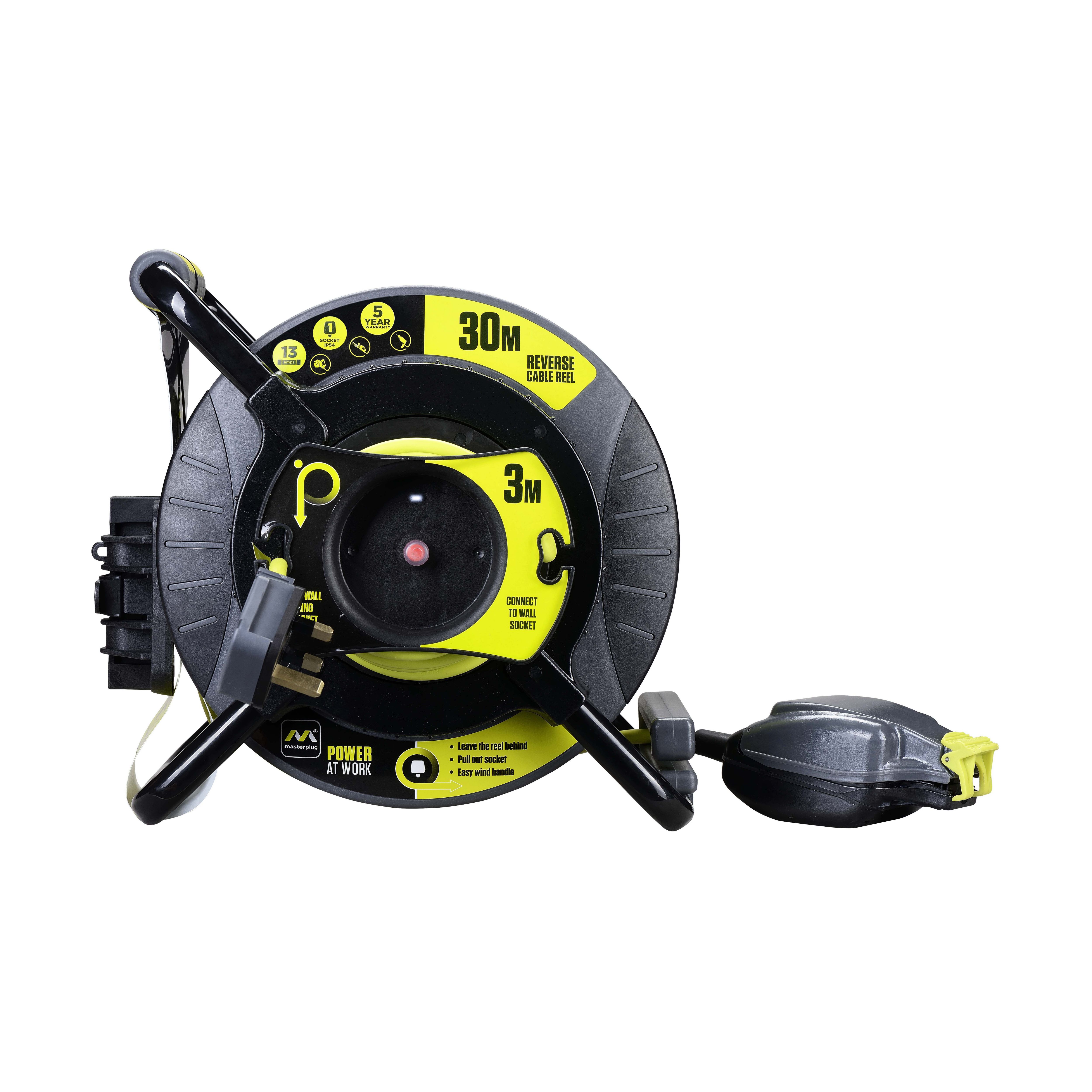 Masterplug IP54 Rated Reverse Anti Twist 1 socket Grey & green Indoor & outdoor Cable reel, 30m