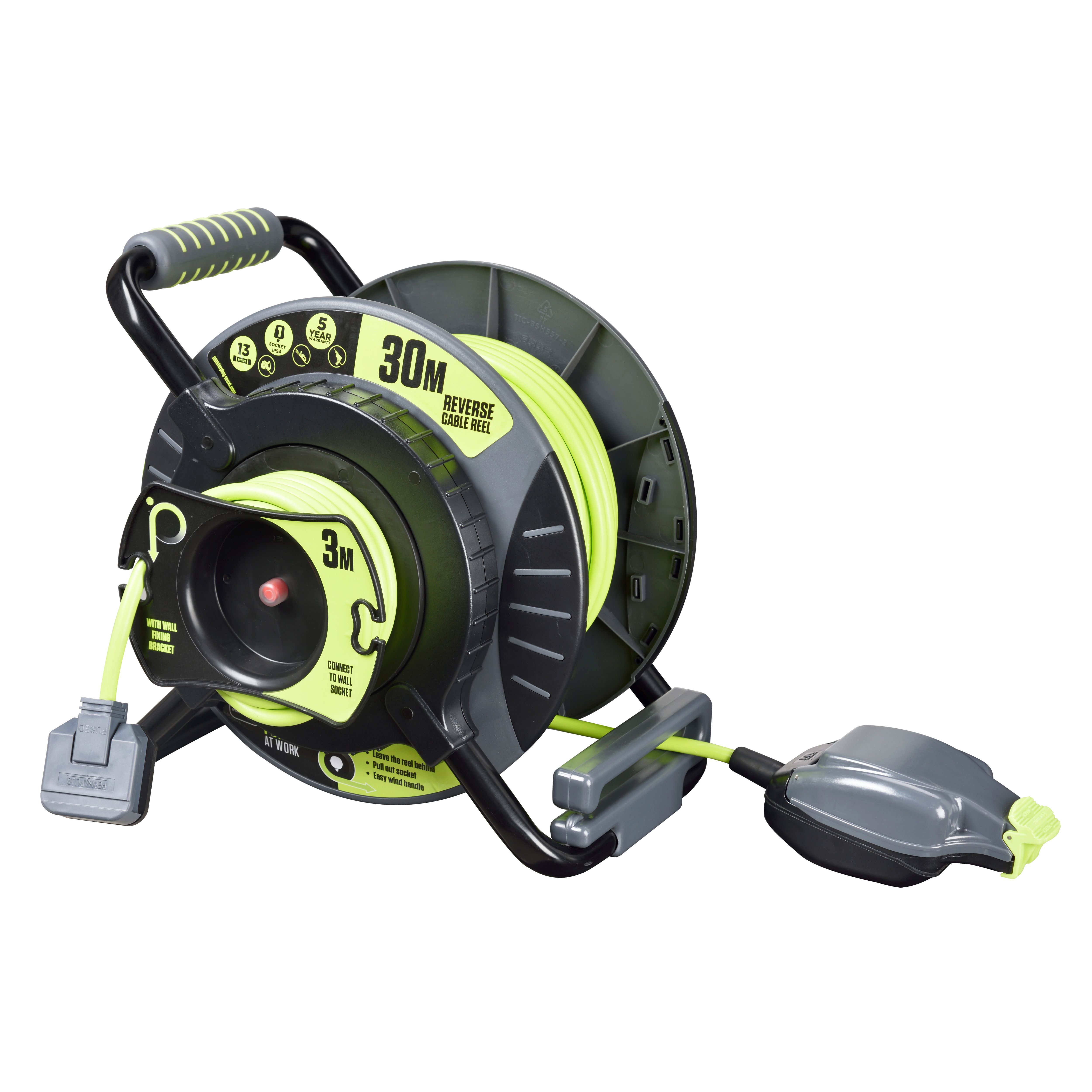 Masterplug IP54 Rated Reverse Anti Twist 1 socket Grey & green Indoor & outdoor Cable reel, 30m
