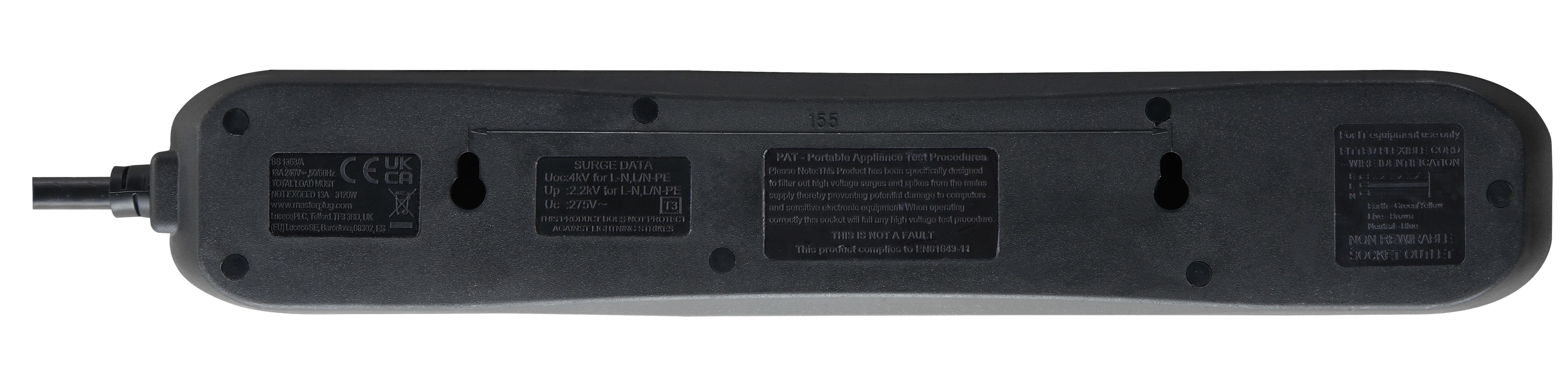 Masterplug Surge Black 13A 4 socket Extension lead with USB, 1m