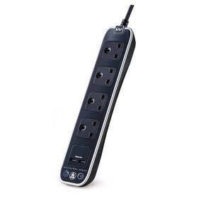 Masterplug Surge Black 4 socket Extension lead with USB, 1m
