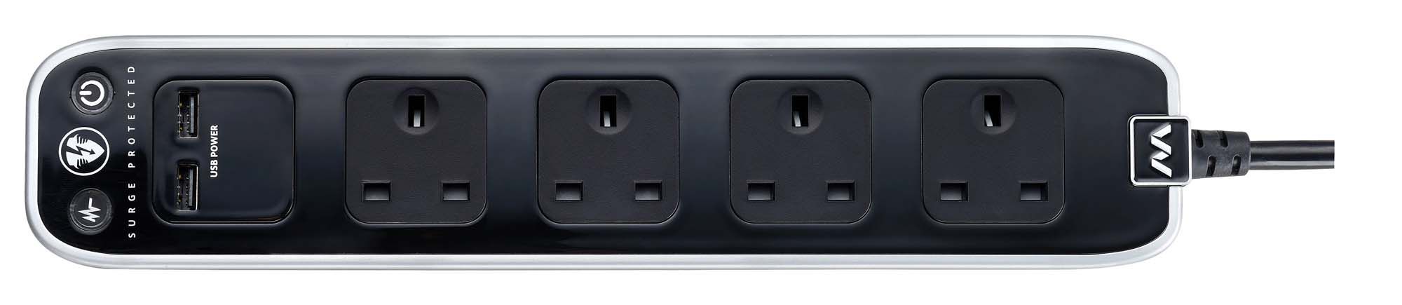 Masterplug Surge Black 4 socket Extension lead with USB, 1m