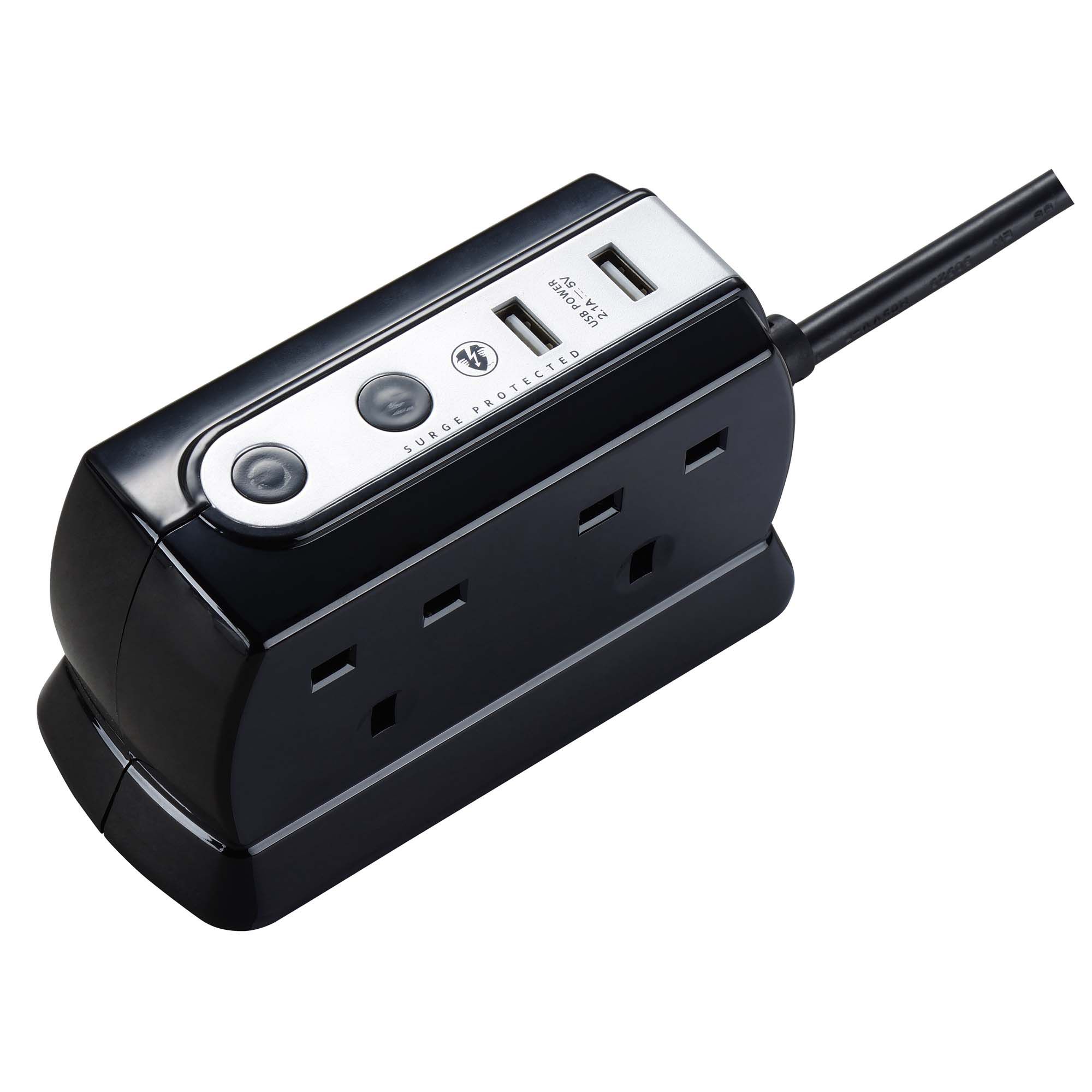 Masterplug Surge Black 4 socket Extension lead with USB, 2m