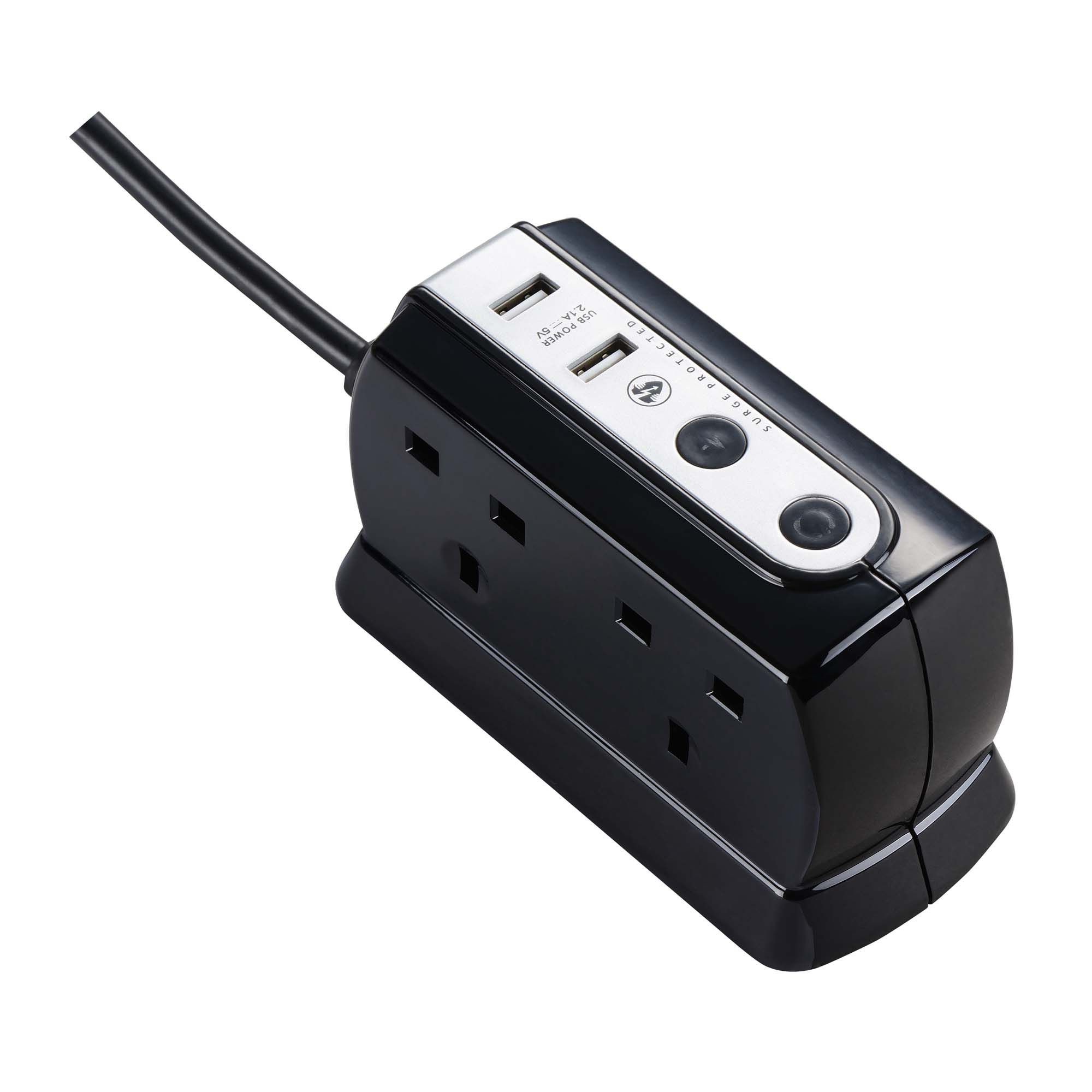 Masterplug Surge Black 8 socket Extension lead with USB, 2m