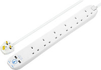 Masterplug Surge White 13A 6 socket Extension lead with USB, 1m