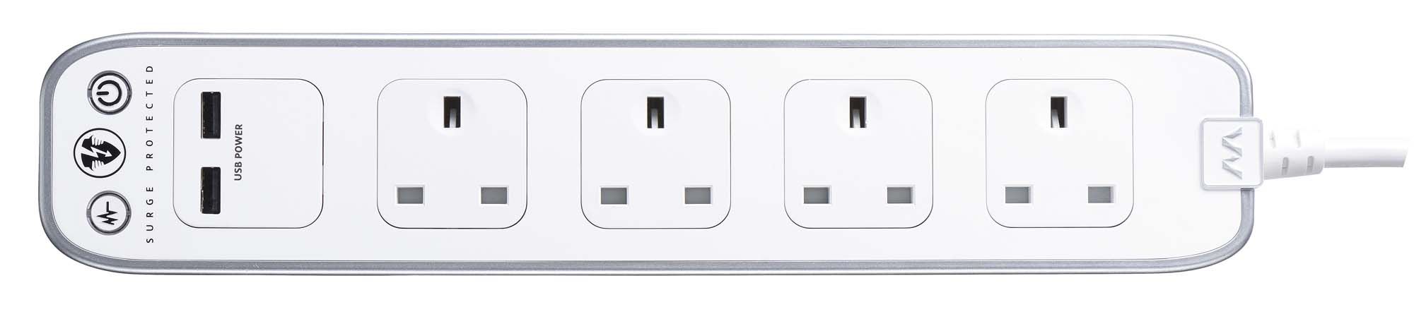 Masterplug Surge White 4 socket Extension lead with USB, 1m