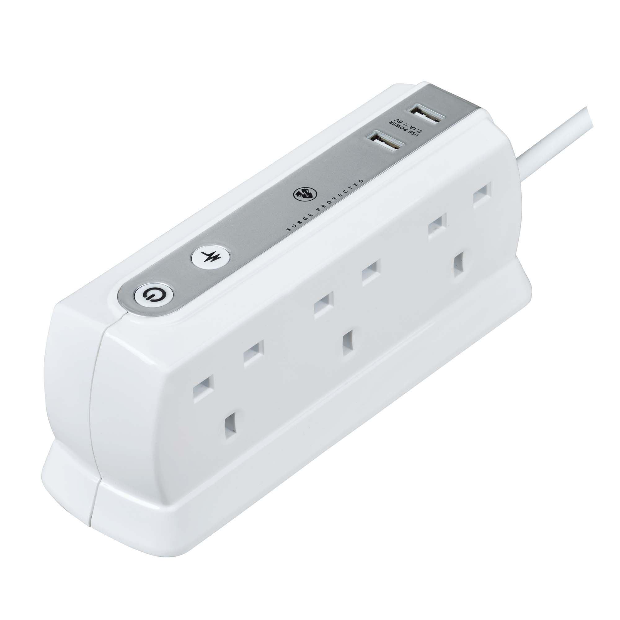 Masterplug Surge White 6 socket Extension lead with USB, 2m 