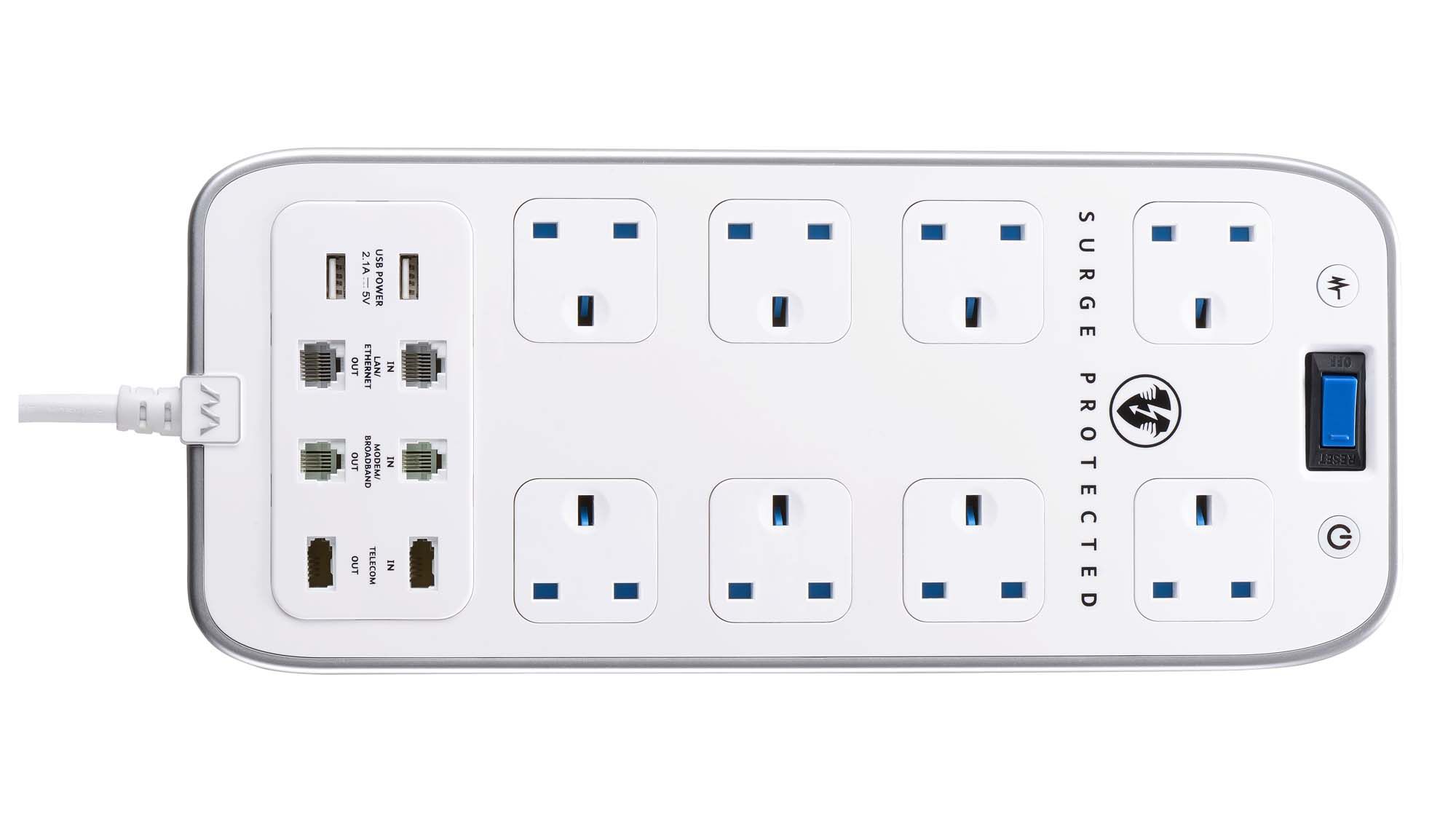 Masterplug Surge White 8 socket Extension lead with USB, 2m