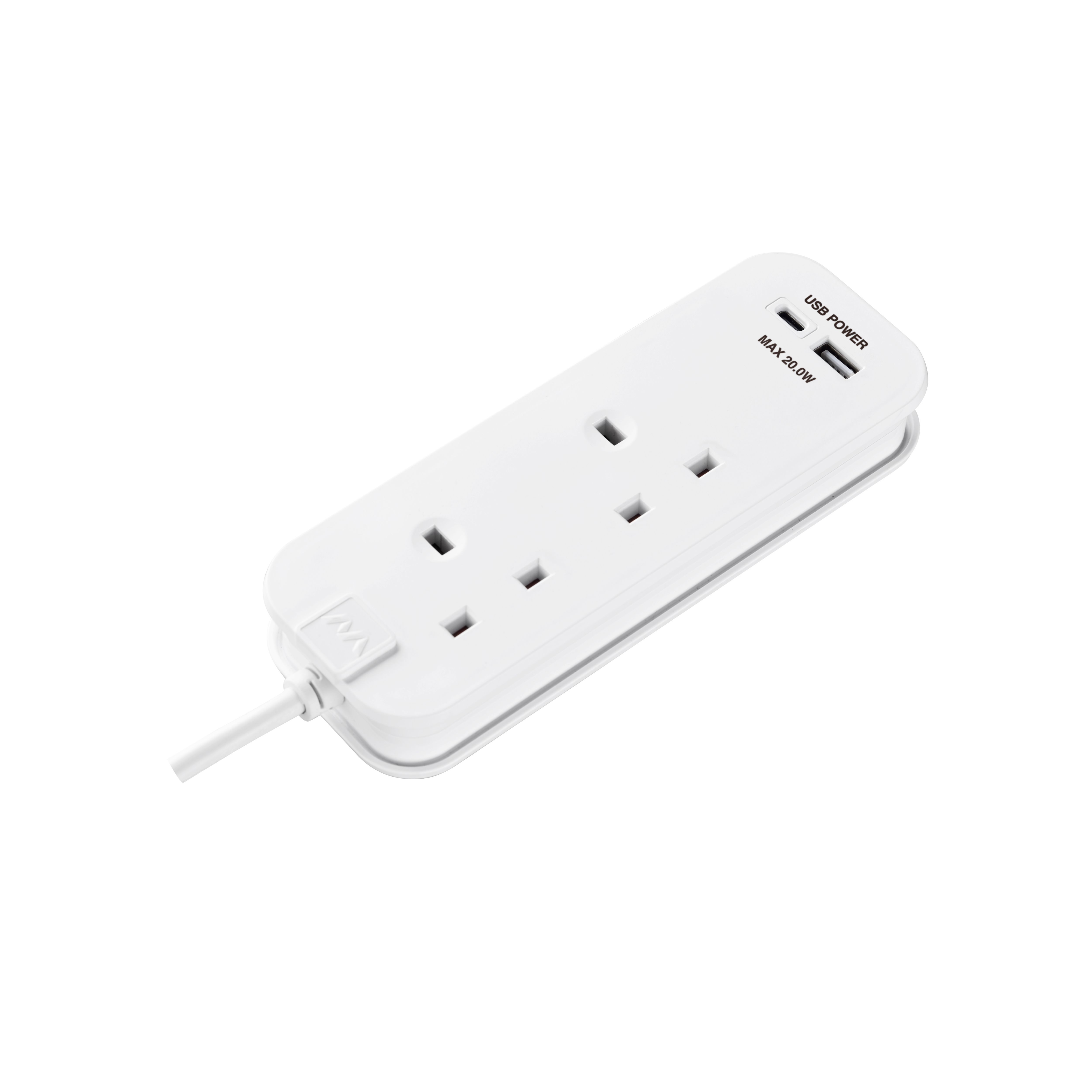 Masterplug White 13A 2 socket Travel extension lead with USB, 0.45m