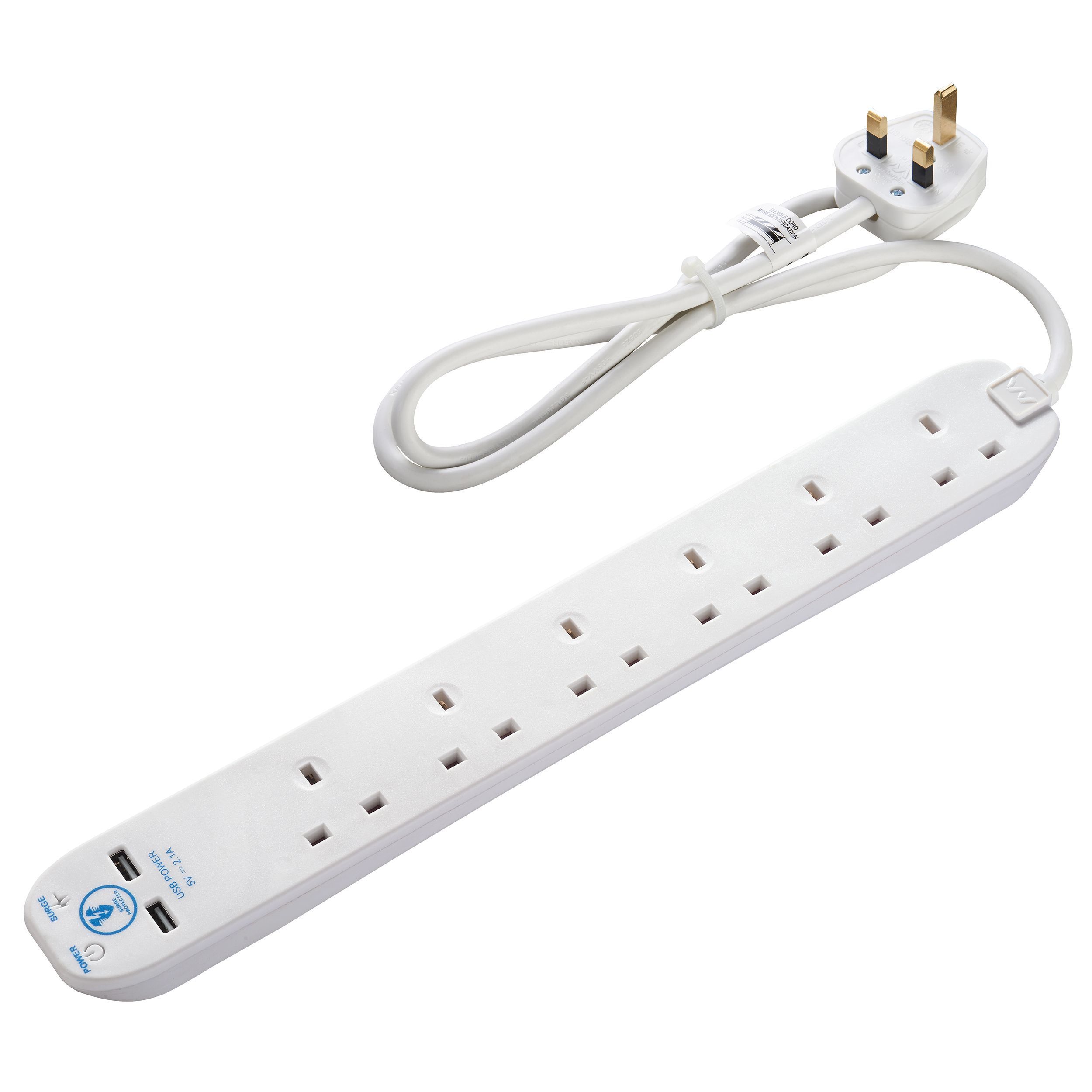 Masterplug White 13A 6 socket Extension lead with USB, 1m | Tradepoint 