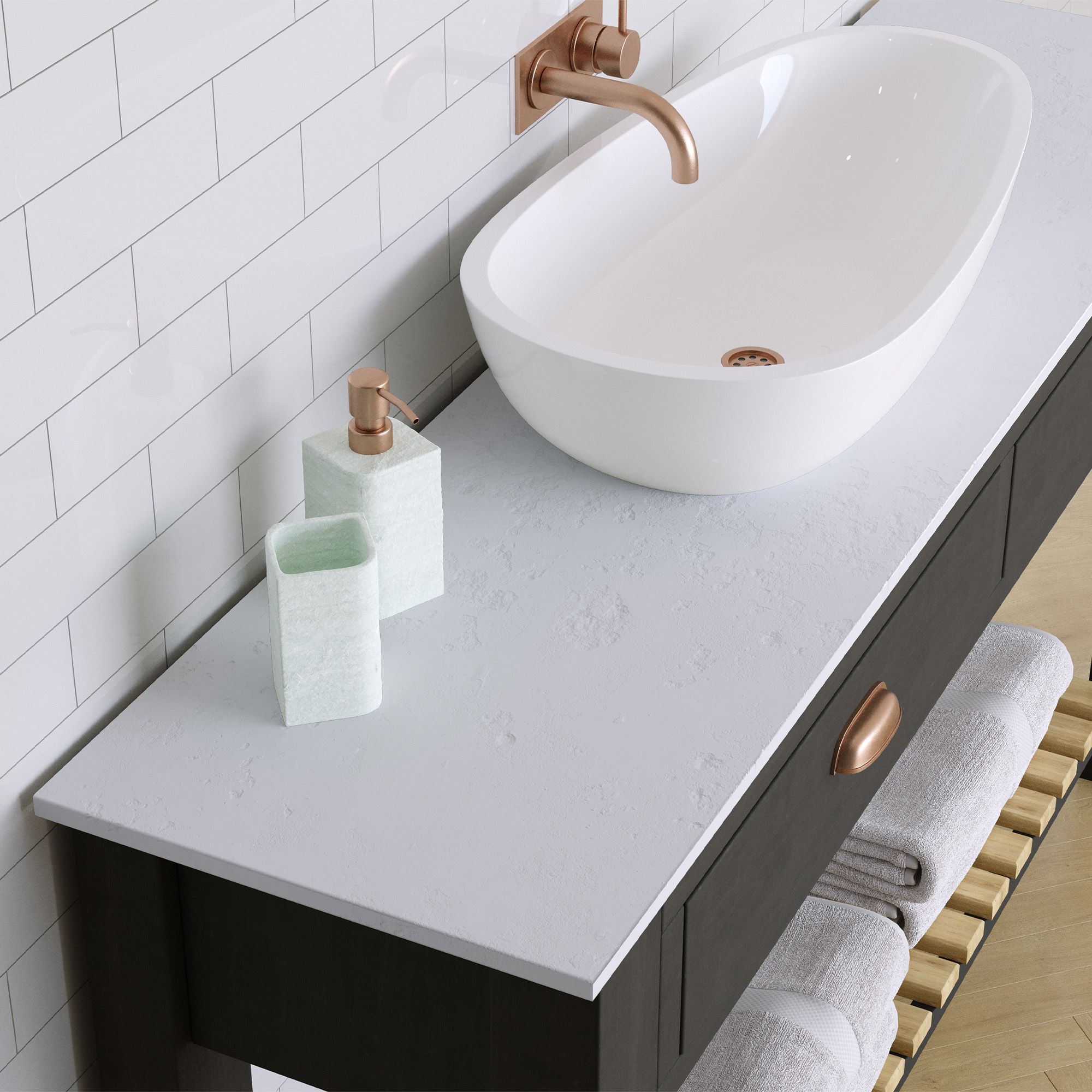 Matt White Stone effect Chamfered straight edge Solid core laminate Bathroom Worktop (T) 1.2cm x (L) 122cm x (W) 38.5cm
