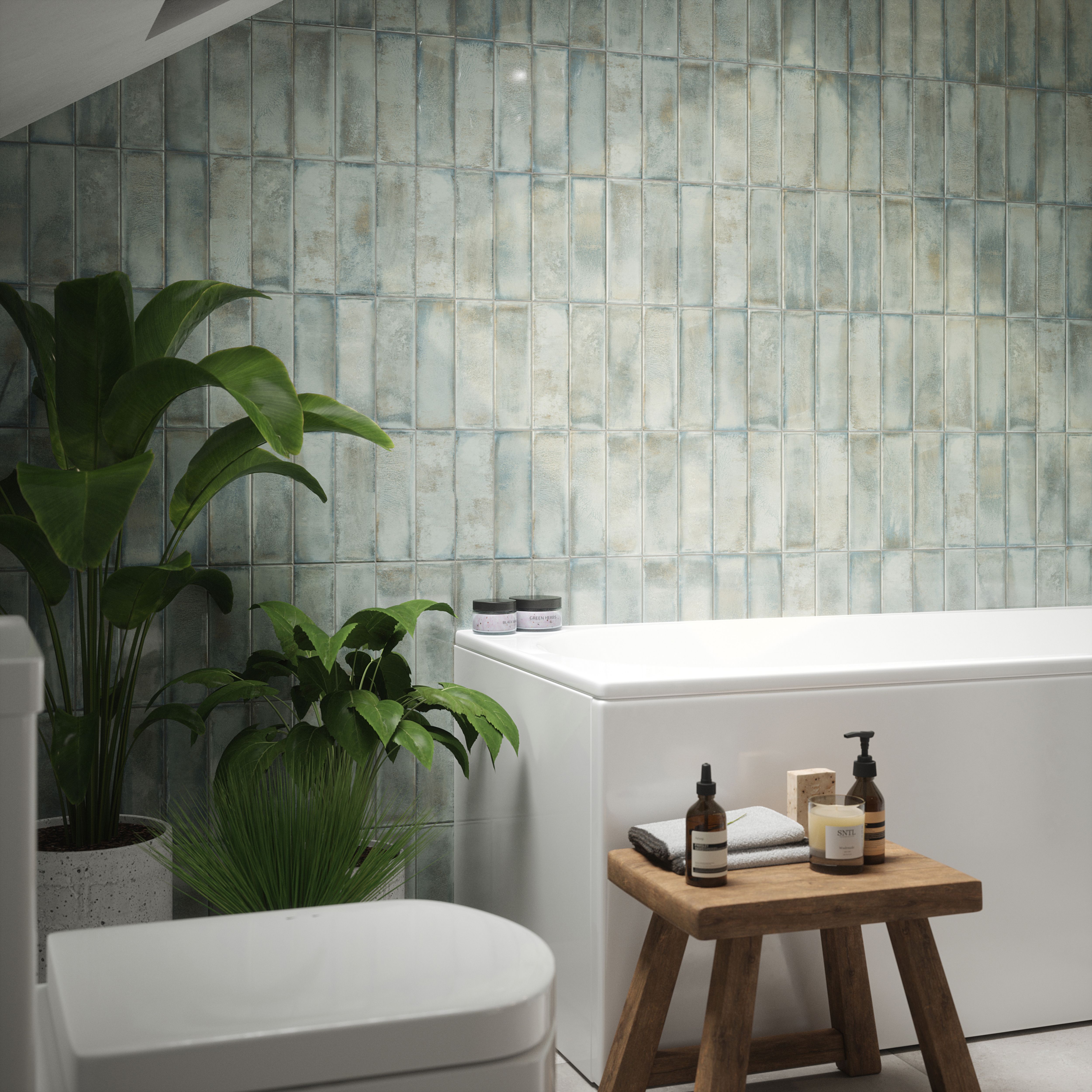 Maya Green Gloss Structured Plain Ceramic Wall Tile, Pack of 54, (L)245mm (W)75mm
