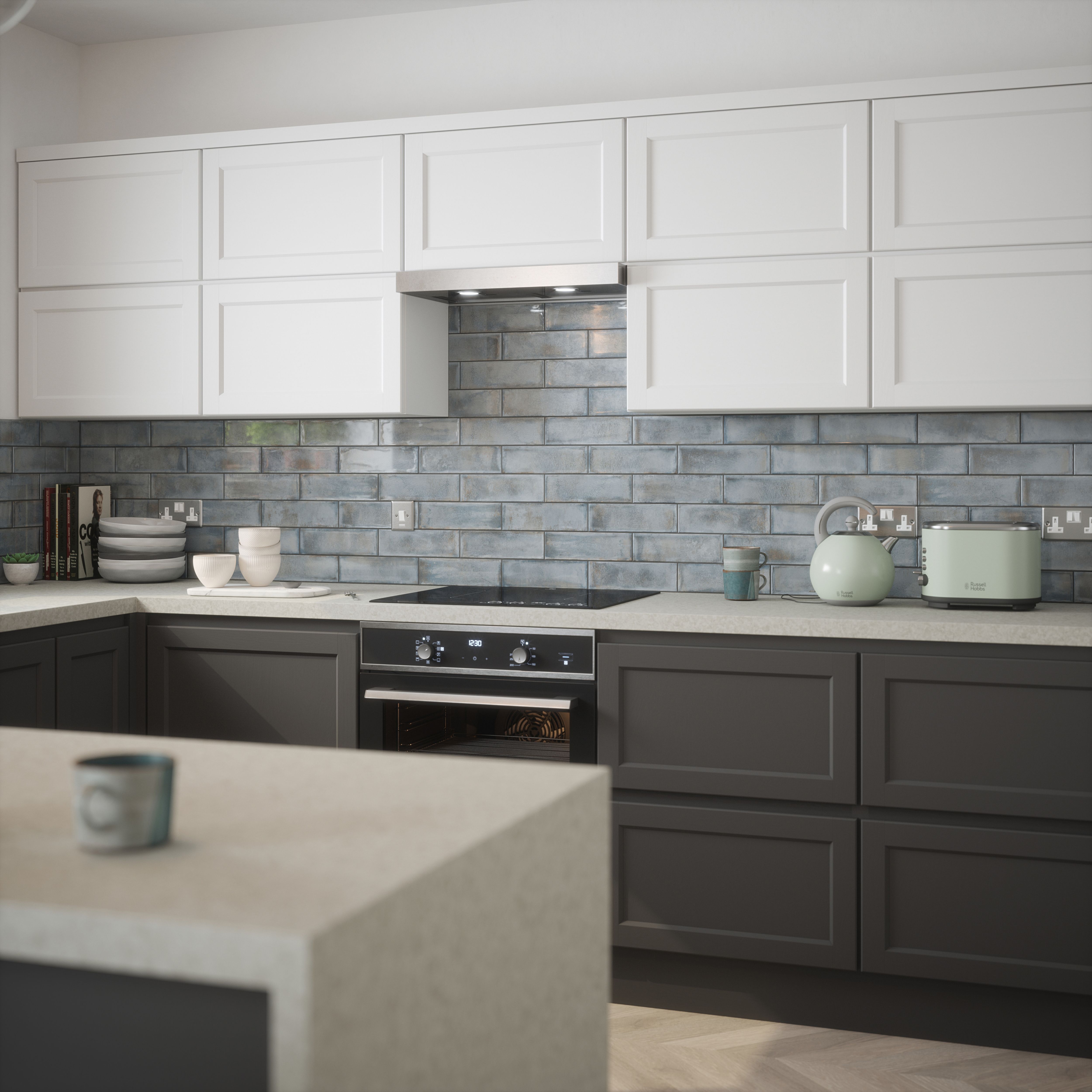 Maya Grey Gloss Structured Plain Ceramic Wall Tile, Pack of 54, (L)245mm (W)75mm