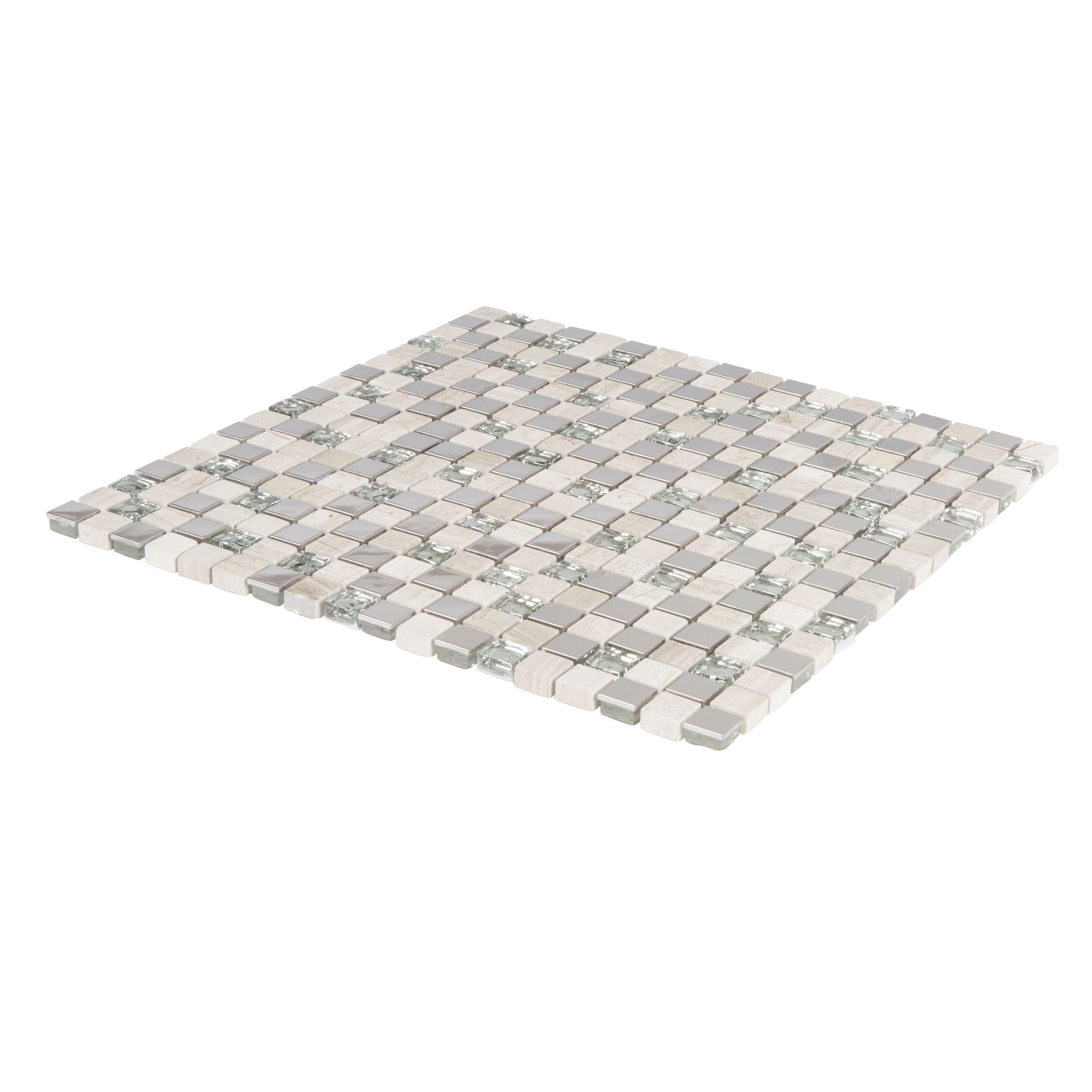 Mecine Grey Glass, natural stone & stainless steel Mosaic tile, (L)300mm (W)300mm