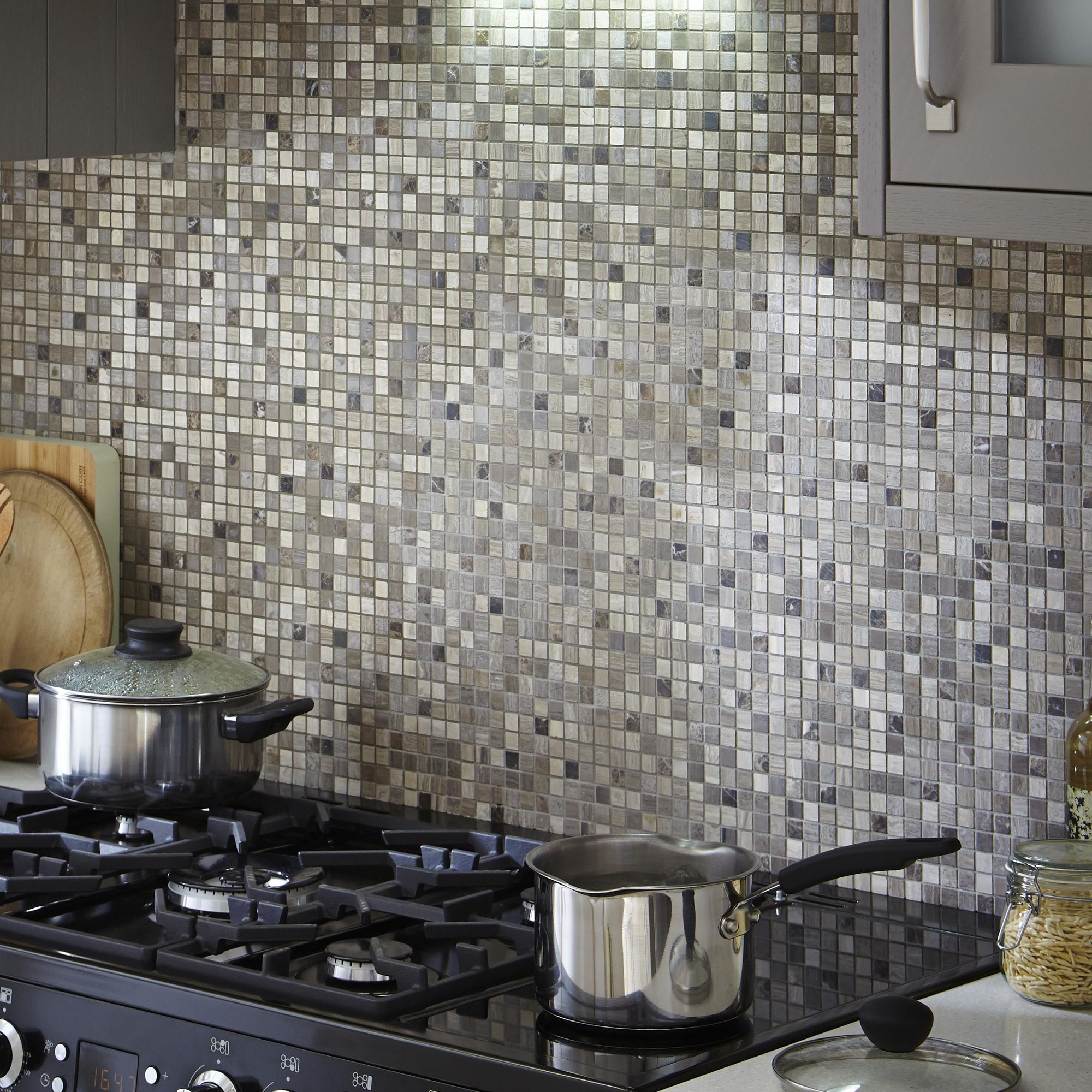 Mecine Grey Glass, natural stone & stainless steel Mosaic tile, (L)300mm (W)300mm
