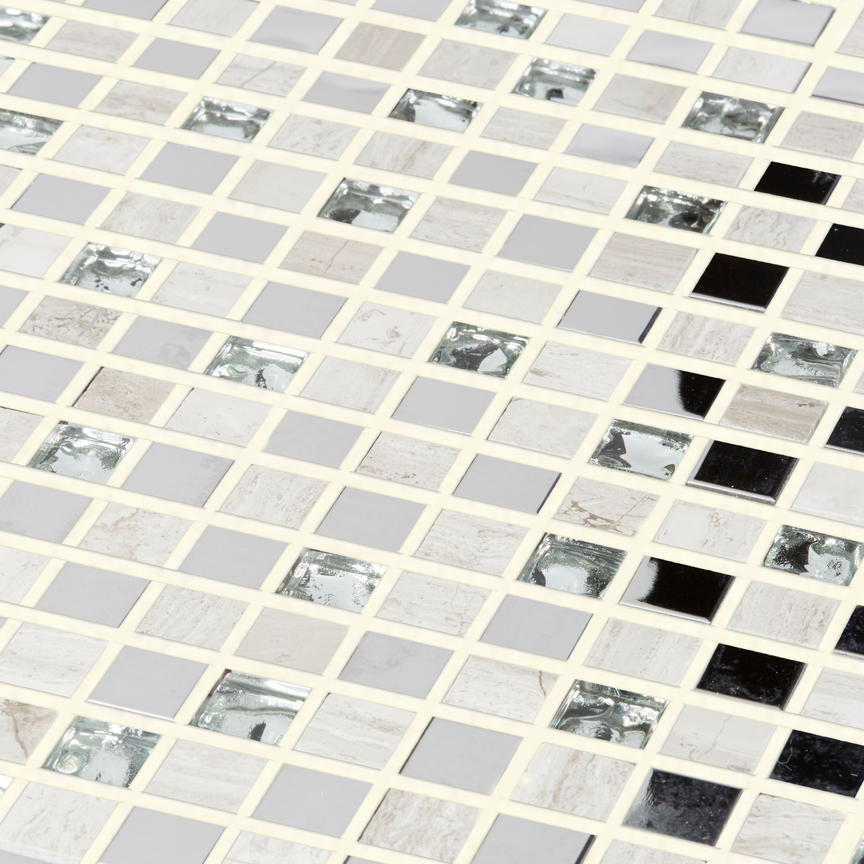 Mecine Grey Glass, natural stone & stainless steel Mosaic tile, (L)300mm (W)300mm