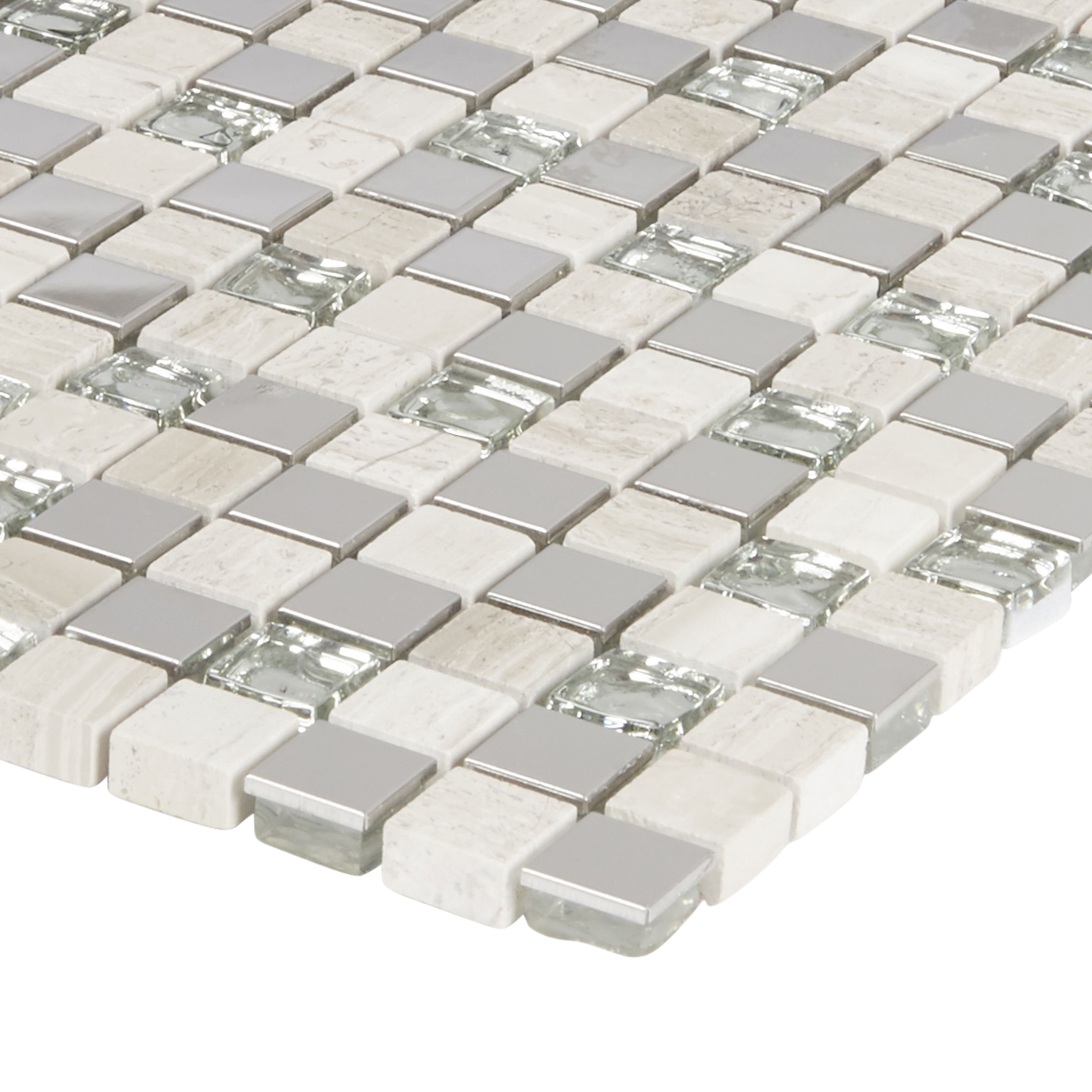 Mecine Grey Glass, natural stone & stainless steel Mosaic tile, (L)300mm (W)300mm