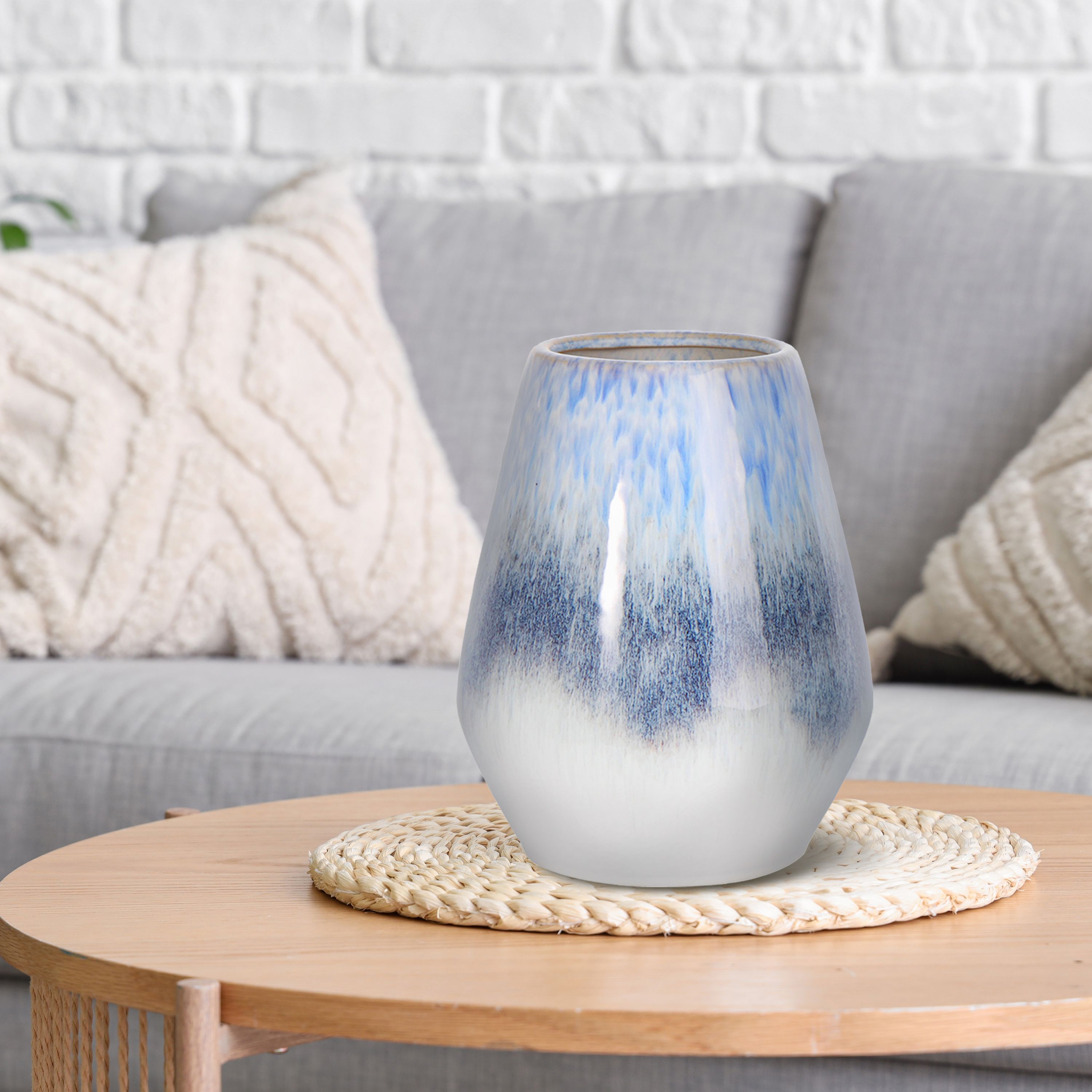 Medium Blue & Grey Gloss Ceramic Vase, (H)25cm (D)19.5cm