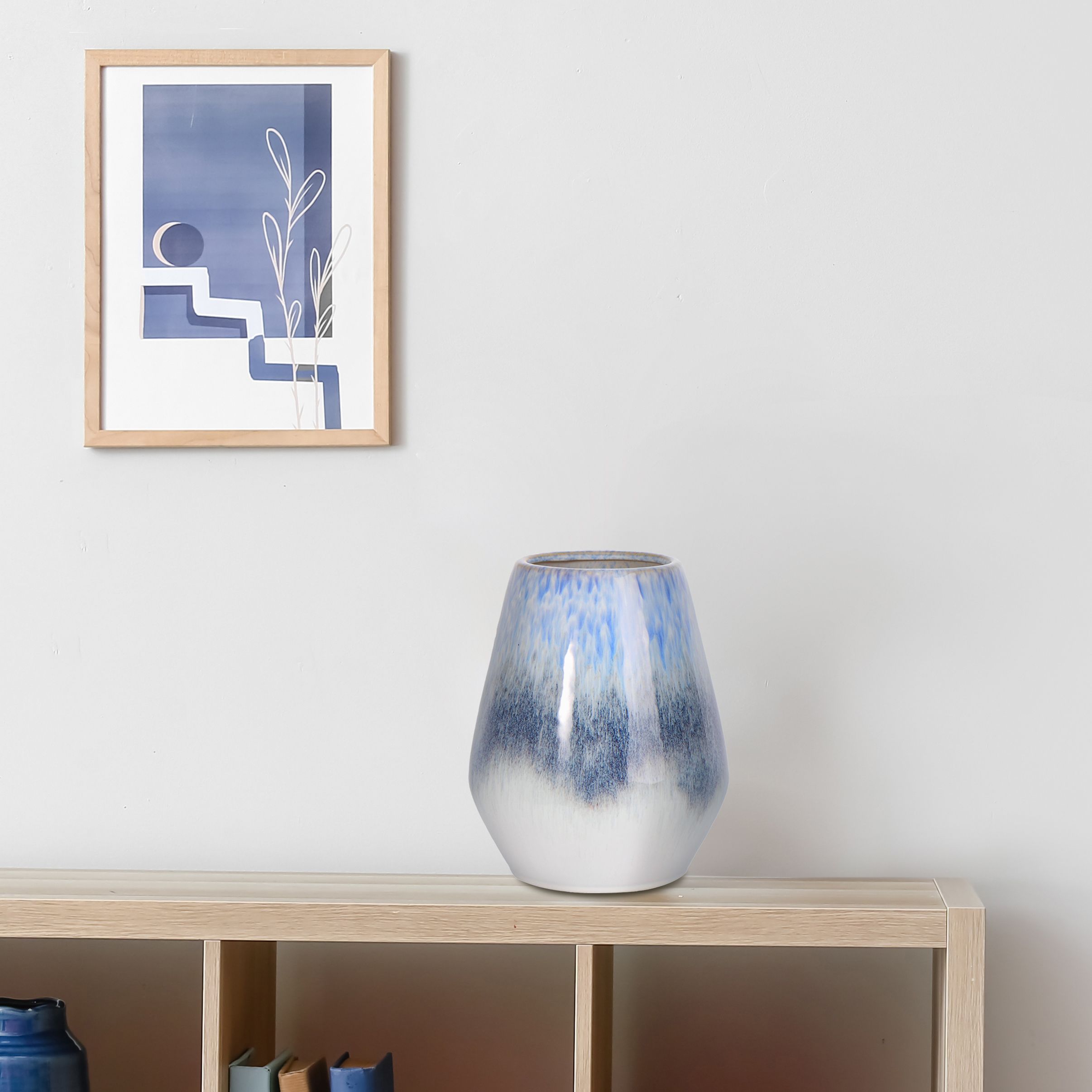 Medium Blue & Grey Gloss Ceramic Vase, (H)25cm (D)19.5cm