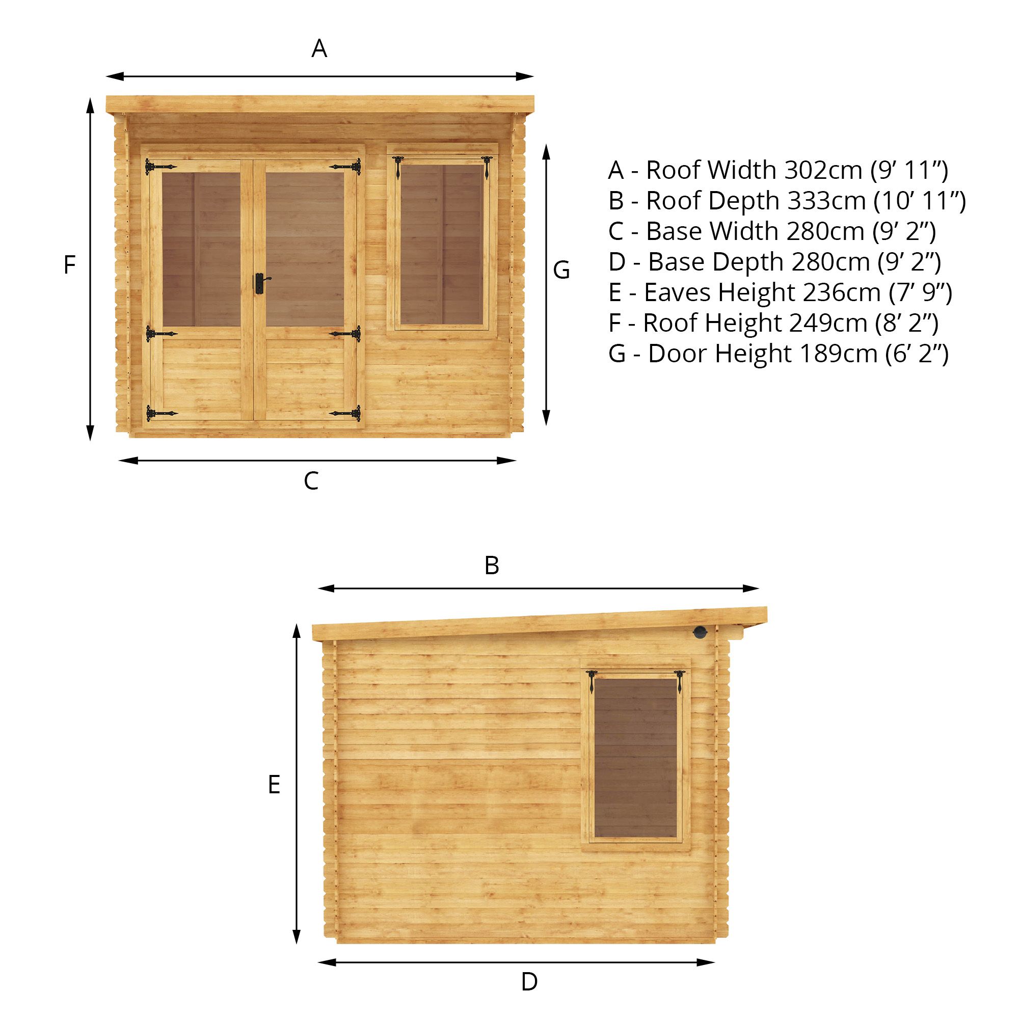 Mercia Log Cabin with Double door Pent Wooden Cabin (H)2490mm x (W)3024mm