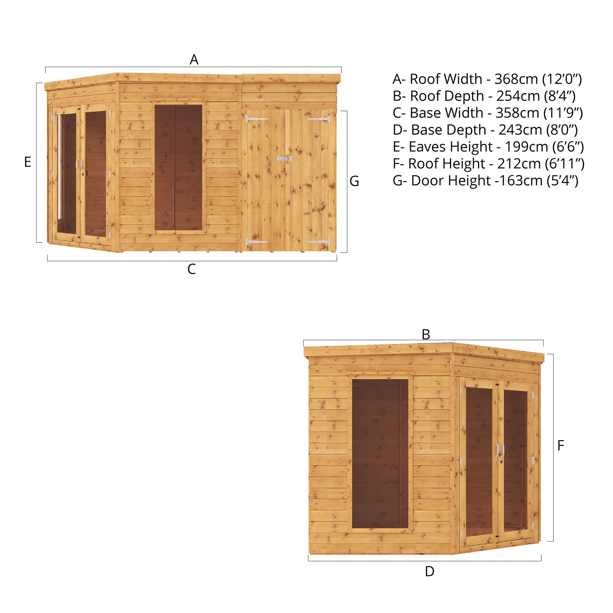 Mercia Summer House 12x8 ft with Double door & 2 windows Pent Solid wood Summer house