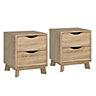 Metcalfe Oak effect 2 Drawer Bedside chest (H)524mm (W)407mm (D)390mm