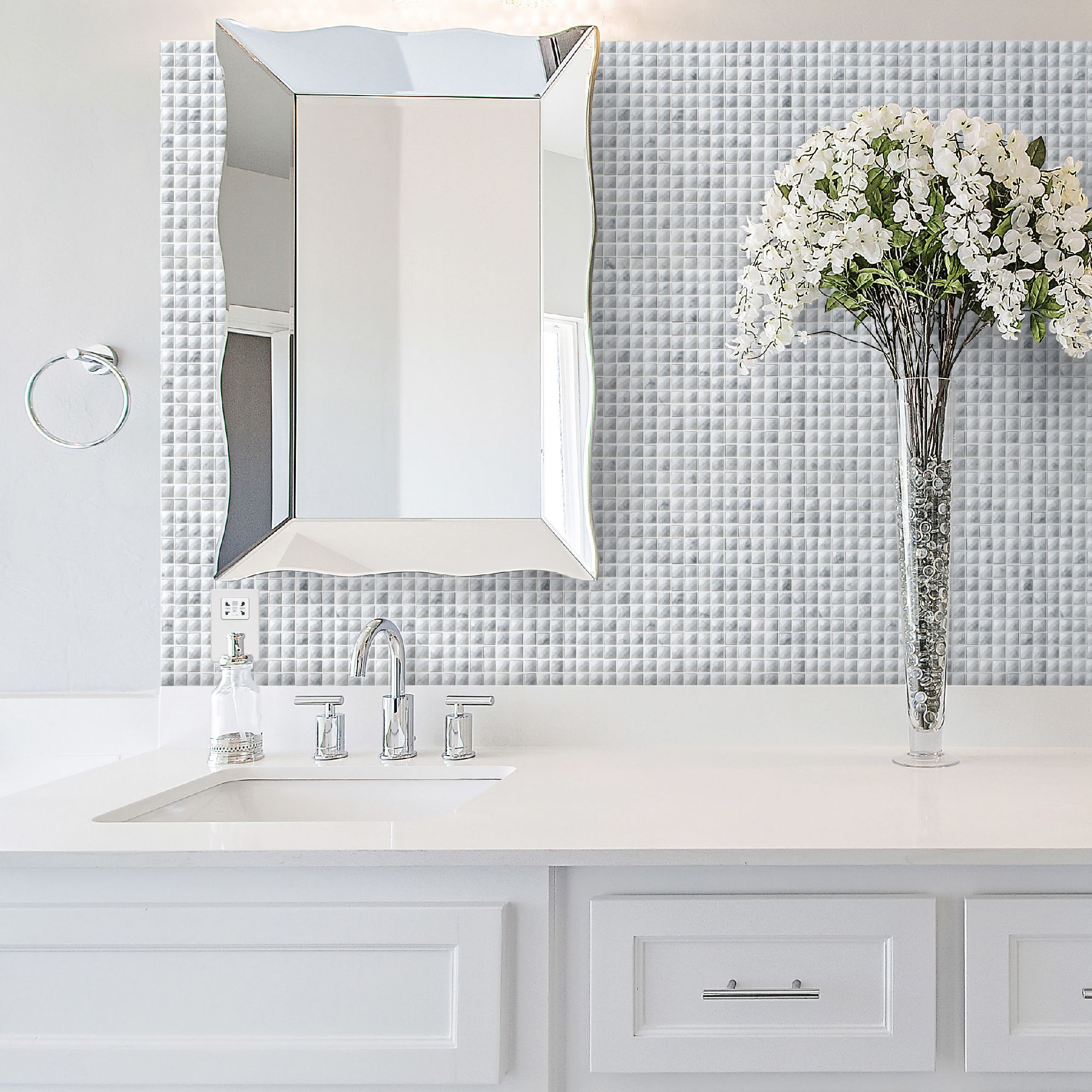 Milan Grey & white Polished Diamante effect Marble 3x3 Mosaic tile, (L)305mm (W)305mm