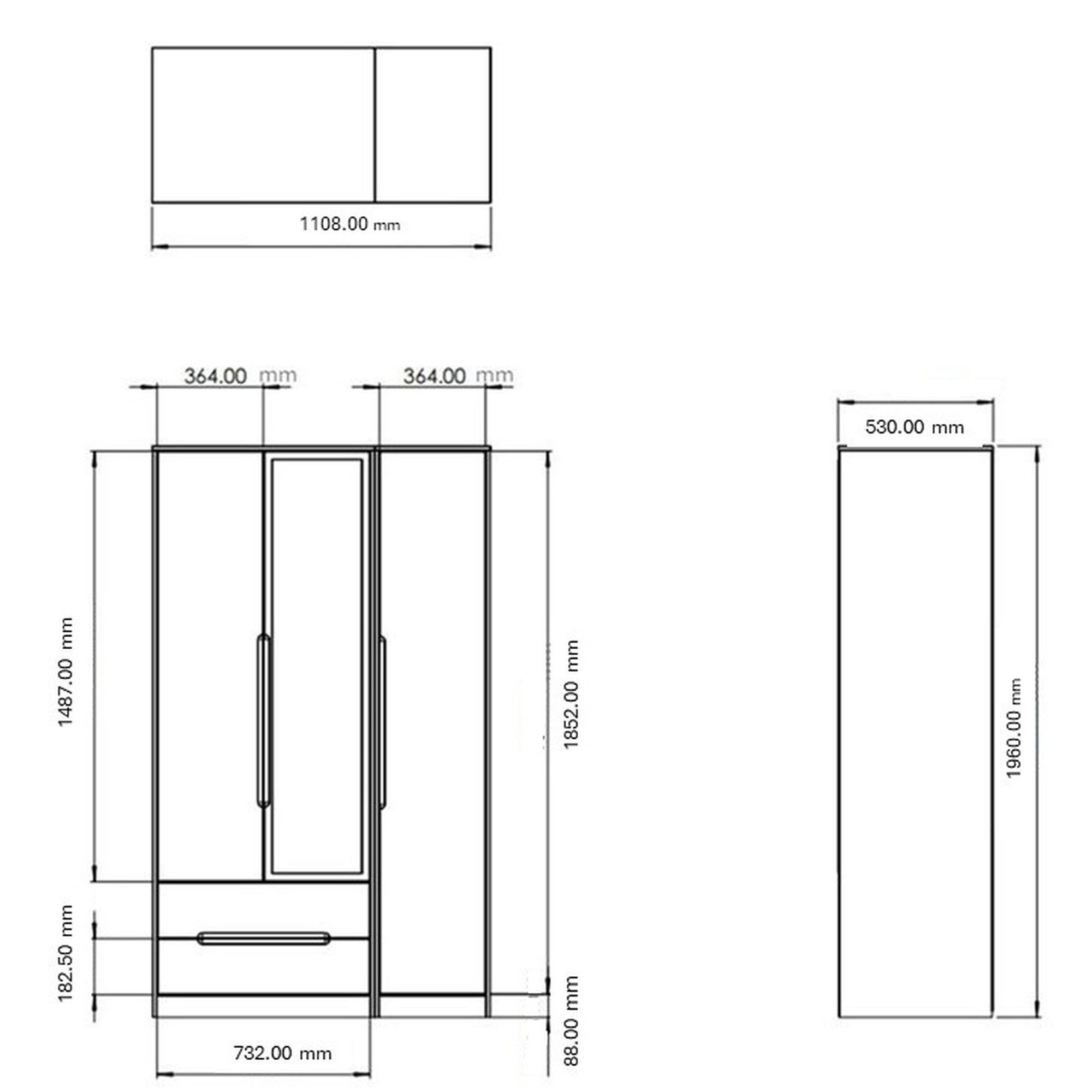 Milan Ready assembled Modern White 2 Drawer Tall Triple Wardrobe With 1 mirror door (H)1970mm (W)1110mm (D)530mm