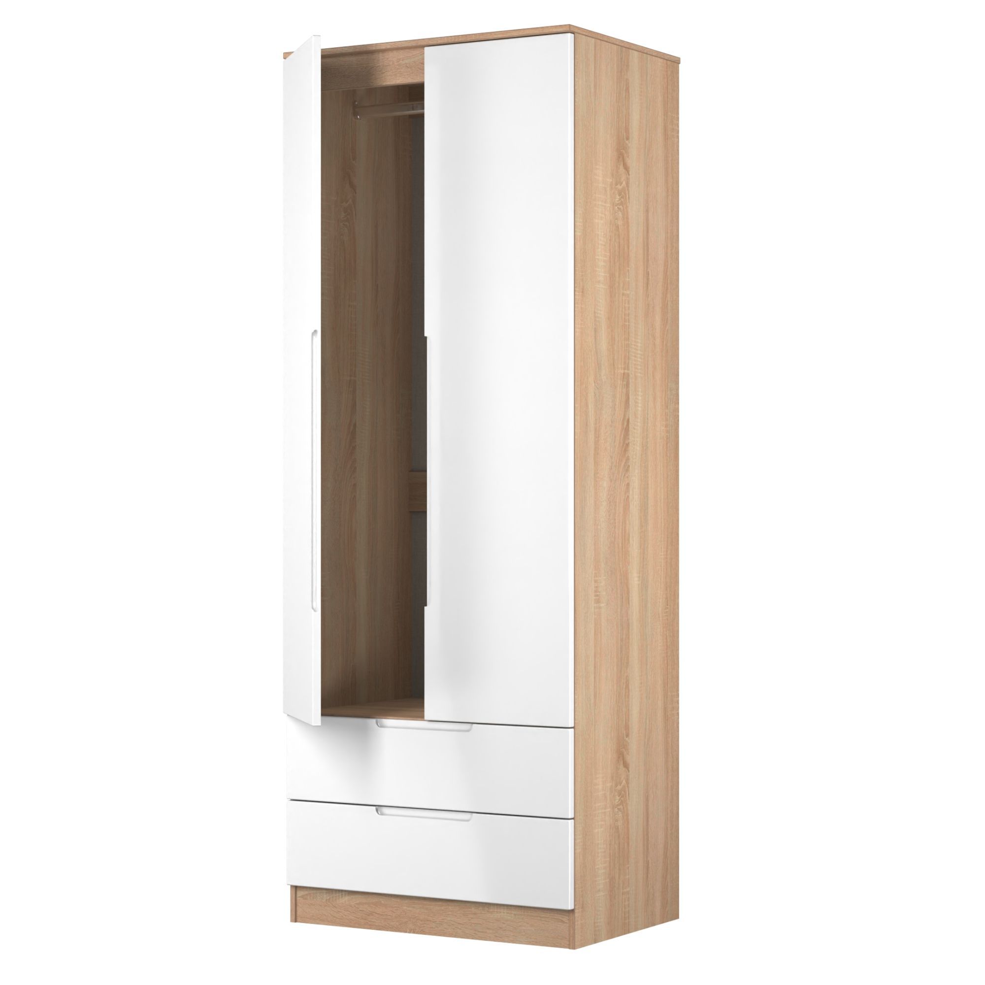 Milan Ready assembled Modern White & oak 2 Drawer Tall Double Wardrobe (H)1970mm (W)770mm (D)530mm