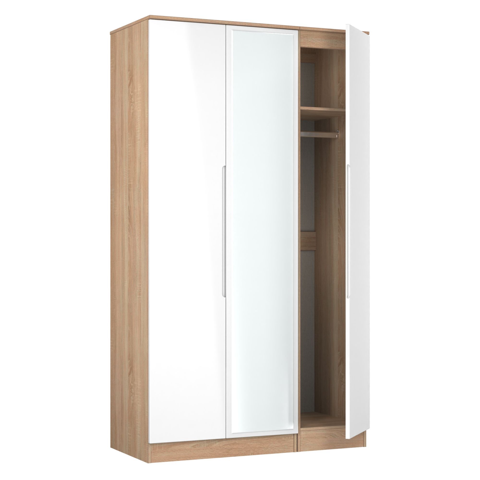 Milan Ready assembled Modern White & oak effect Tall Triple Wardrobe With 1 mirror door (H)1970mm (W)1110mm (D)530mm