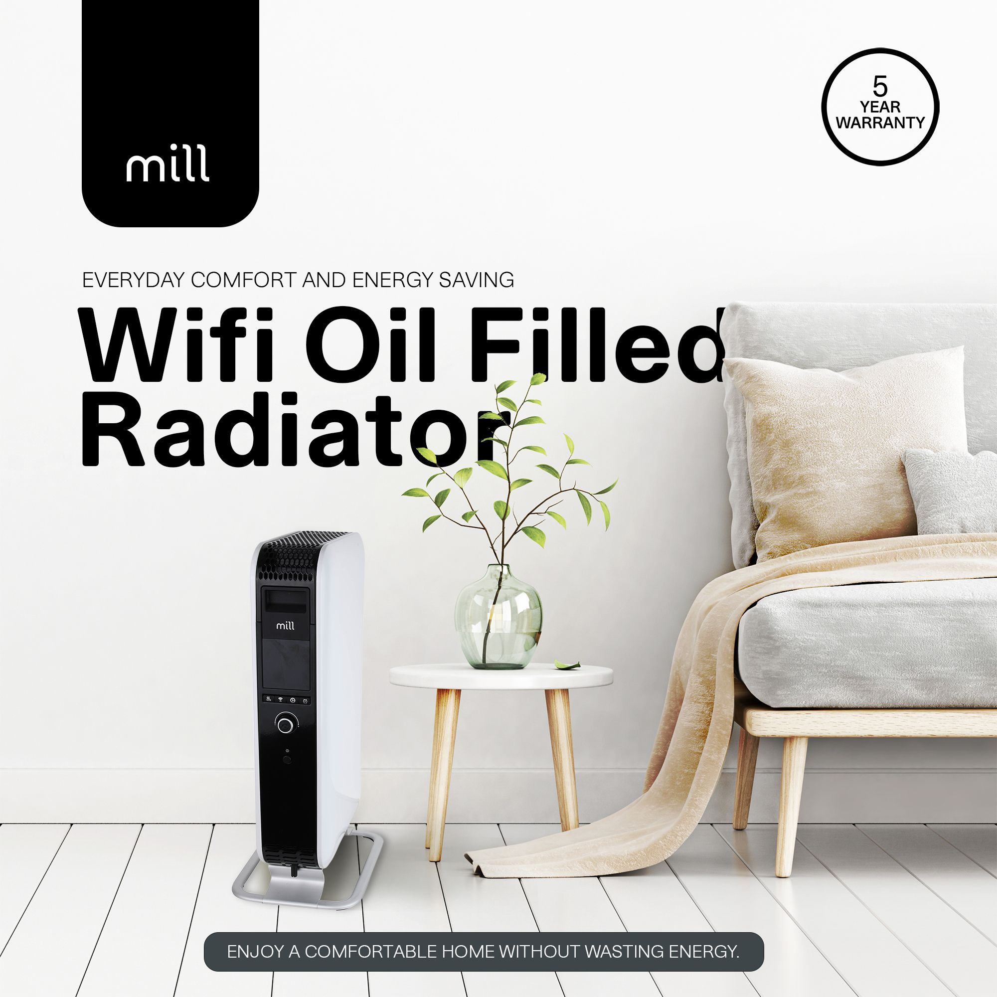 Mill Heat Mains fed 1.5kW White Smart Oil-filled radiator