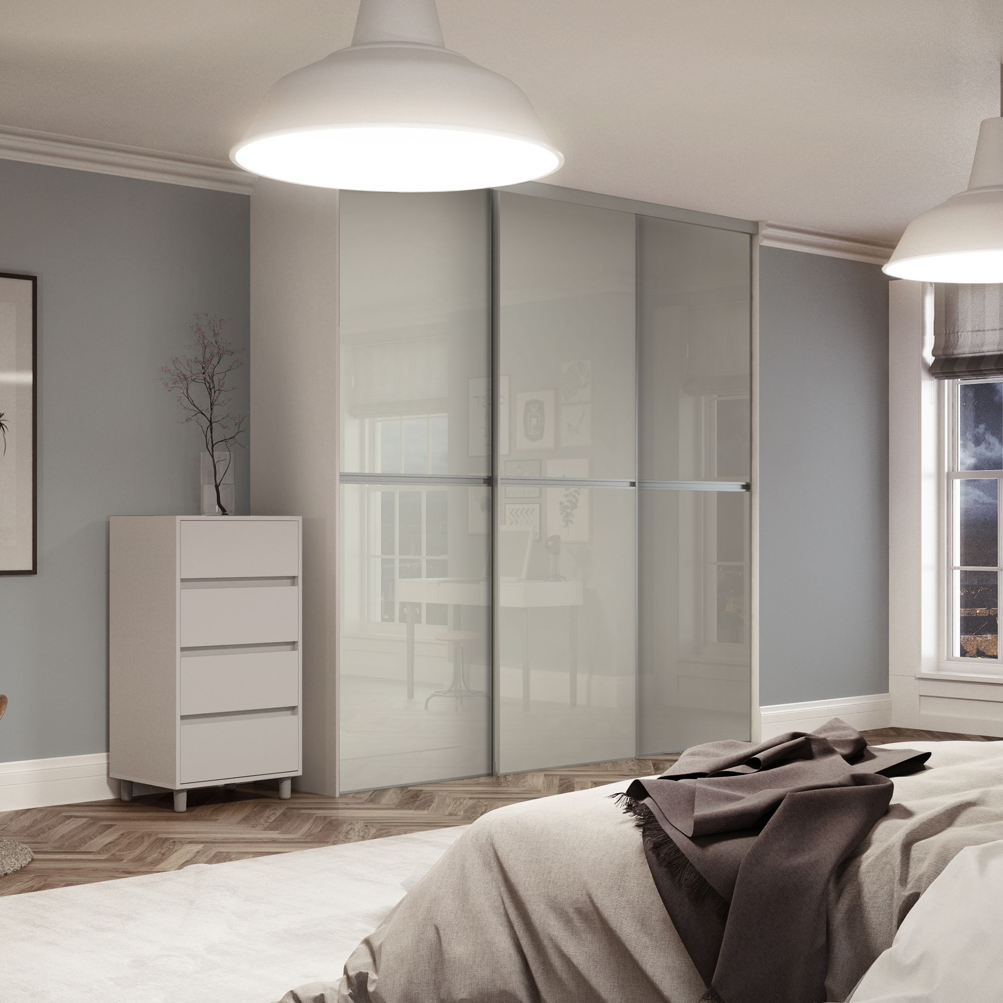 Minimalist Panelled Arctic white 3 door Sliding Wardrobe Door kit (H)2260mm (W)2246mm