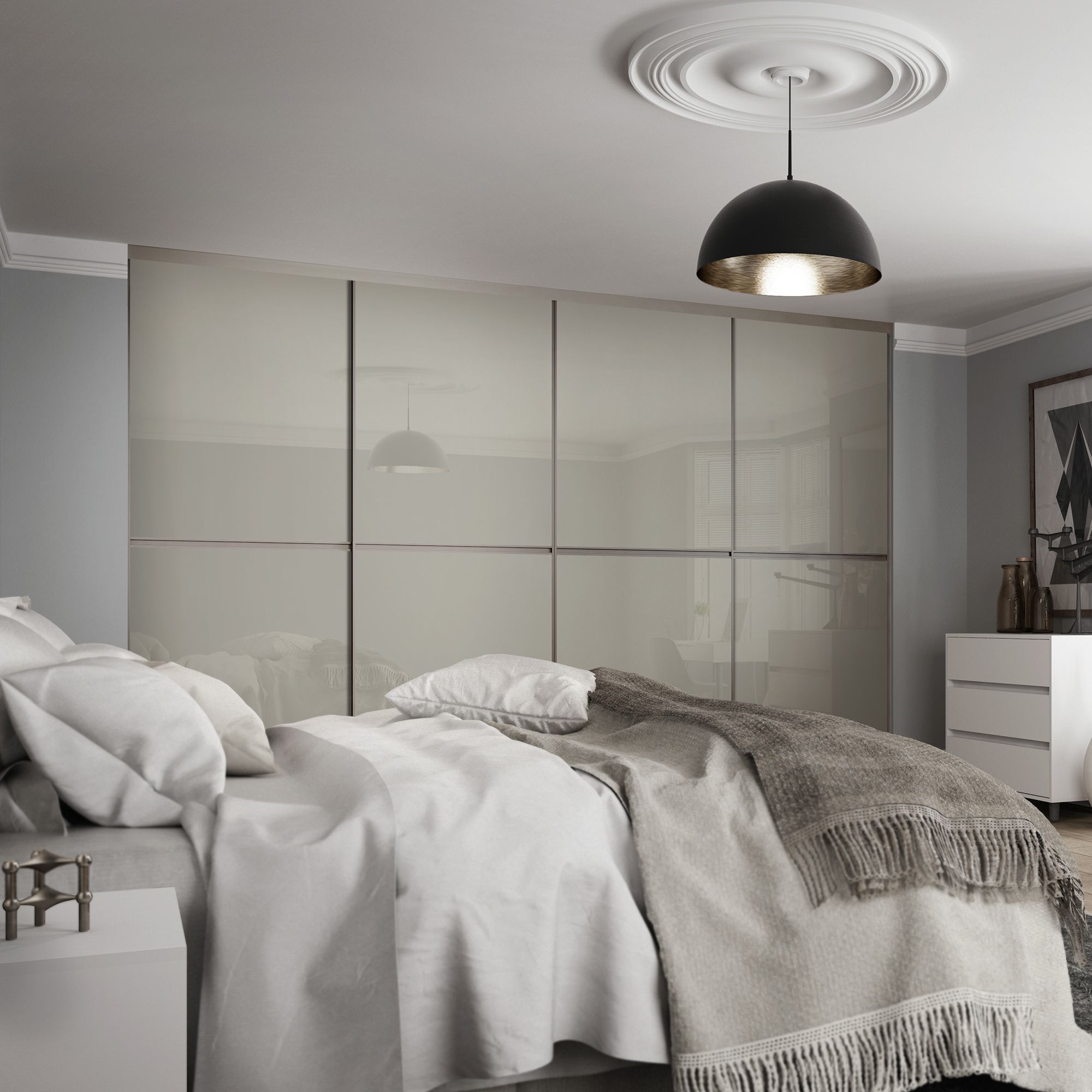 Minimalist Panelled Arctic white 4 door Sliding Wardrobe Door kit (H)2260mm (W)3008mm
