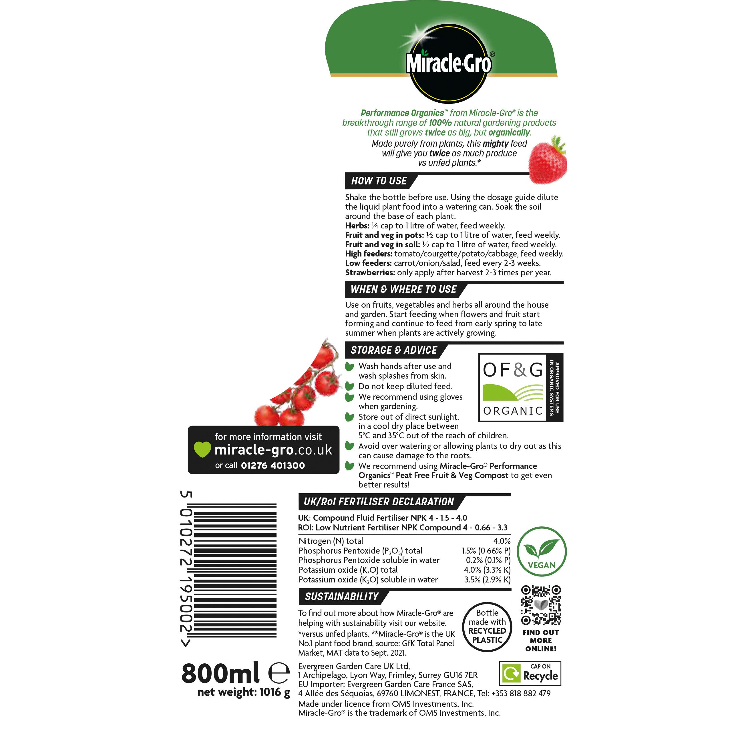 Miracle-Gro Performance Organics Fruit & vegetable Liquid Organic fertiliser 800ml