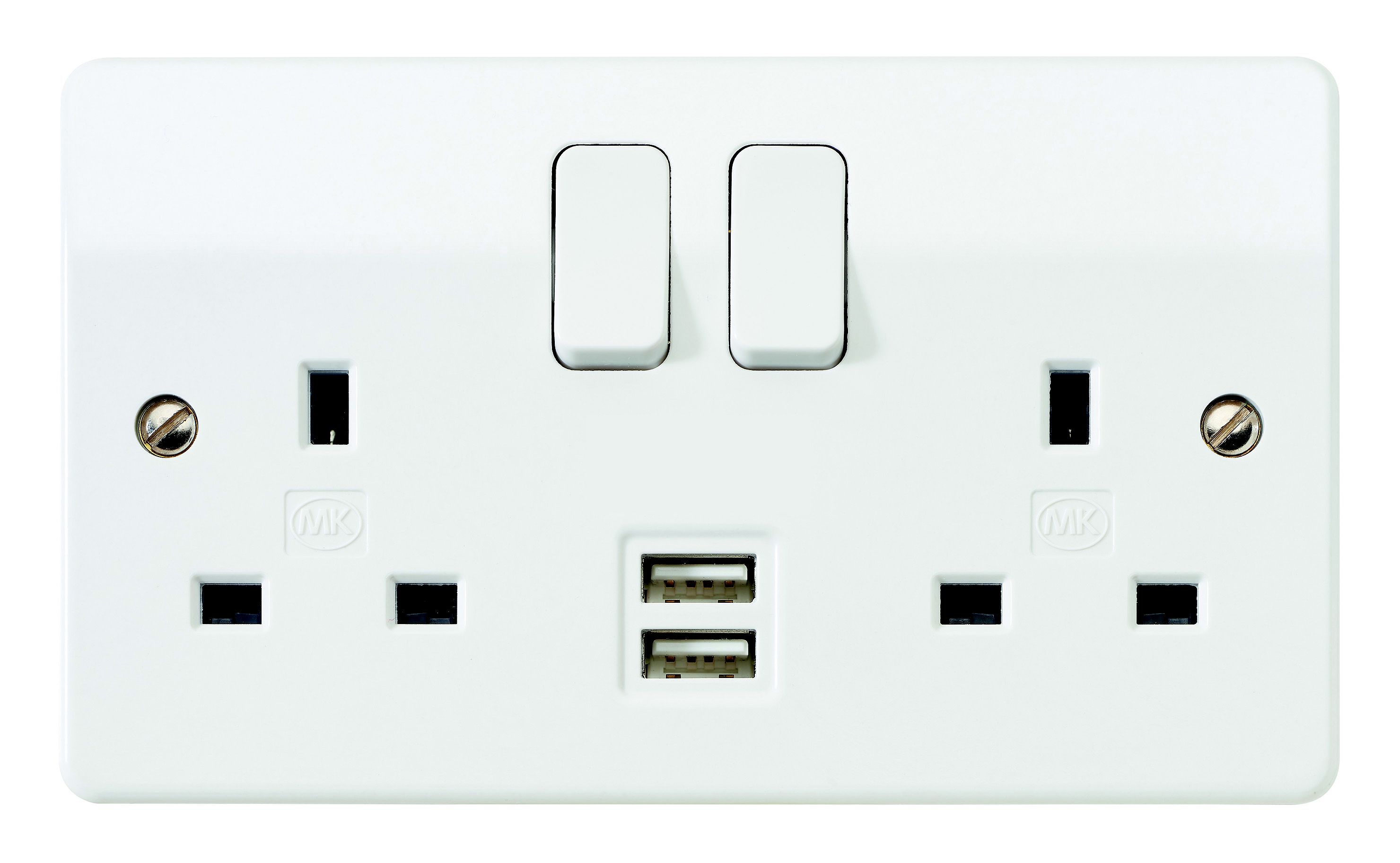 MK White Raised slim Screwed Socket with USB, 2.1 x2