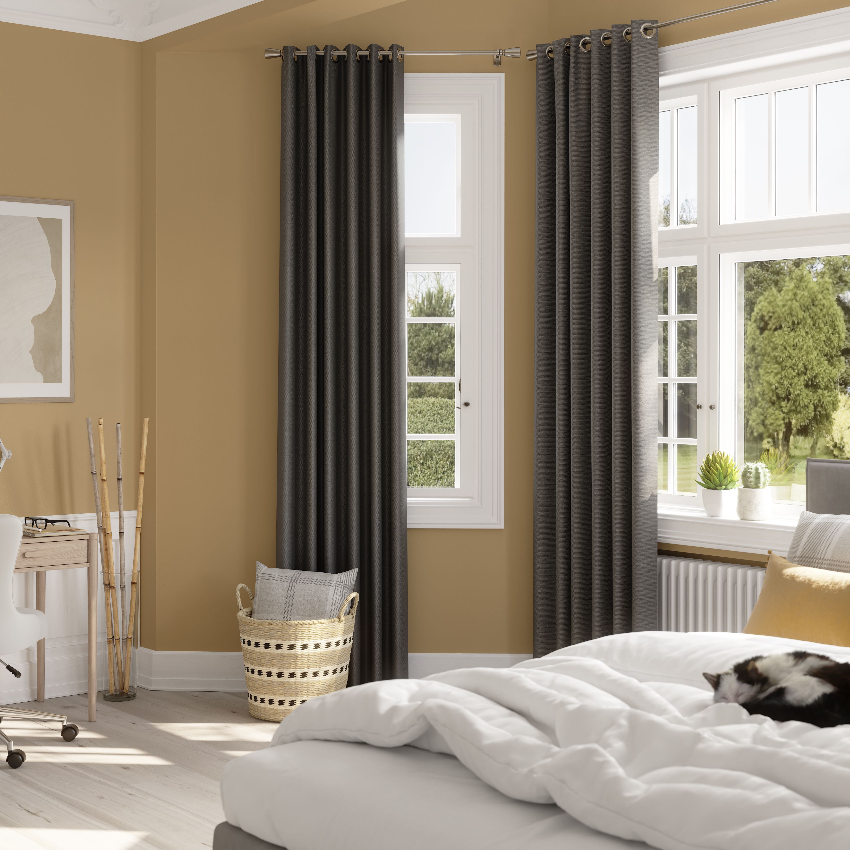 Moggo Grey Chevron Lined Eyelet Curtain (W)167cm (L)228cm, Pair