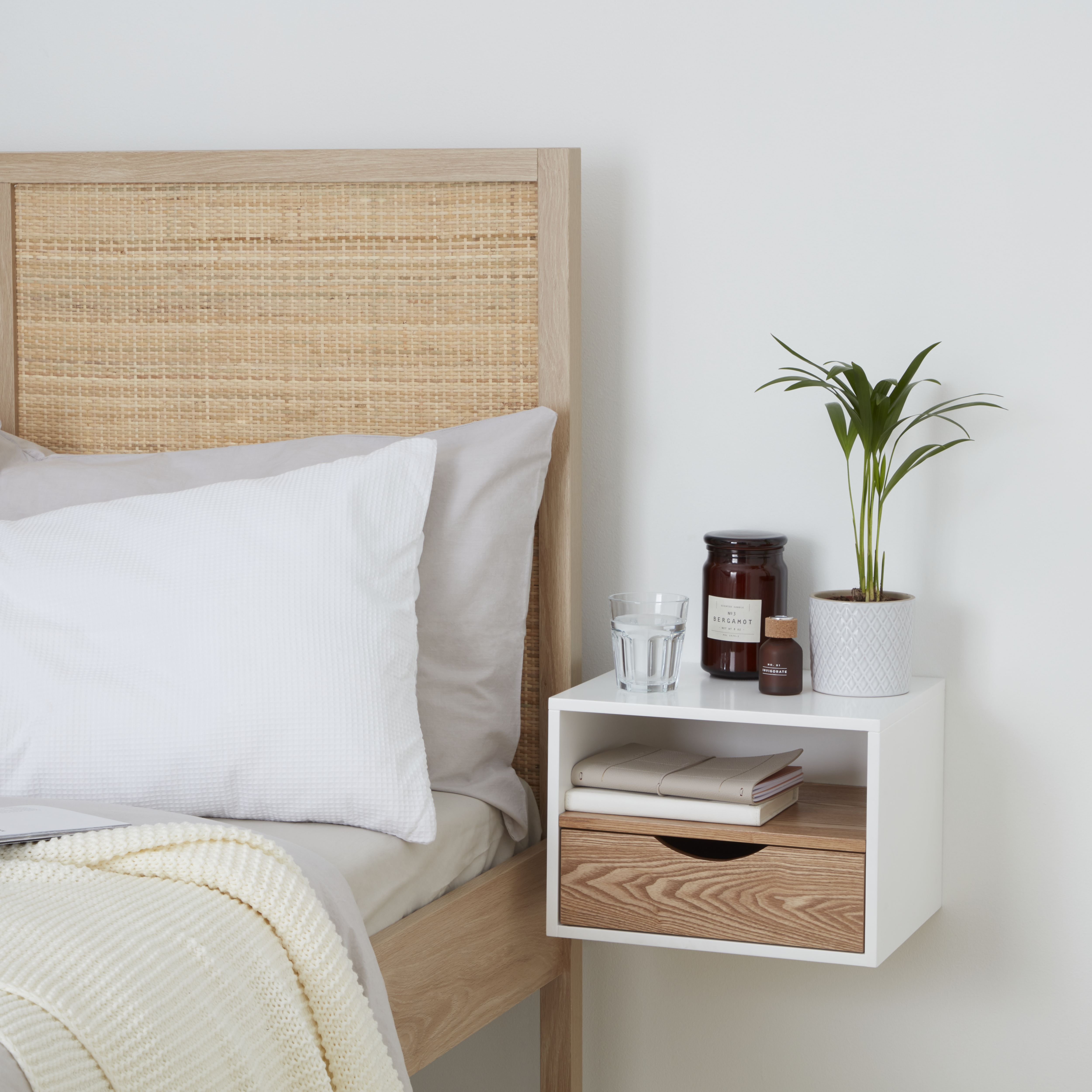 Monda Matt ash veneer 1 Drawer Bedside table (H)250mm (W)300mm (D)350mm