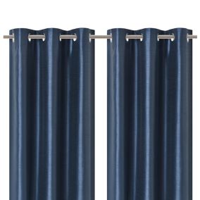 Morea Blue Plain woven Lined Eyelet Curtain (W)167cm (L)228cm, Pair