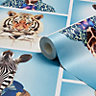 Muriva Blue Animal photo booth Mica effect Smooth Wallpaper