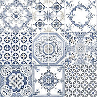 Muriva Tiles Blue Embossed Wallpaper