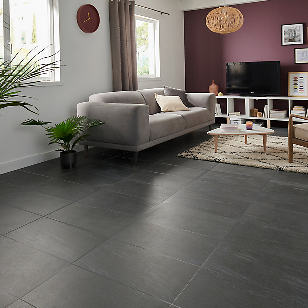 Natural Anthracite Satin Stone Effect, Black Slate Floor Tiles B Q
