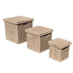 Natural Metal & seagrass Non-foldable Storage basket, Set of 3