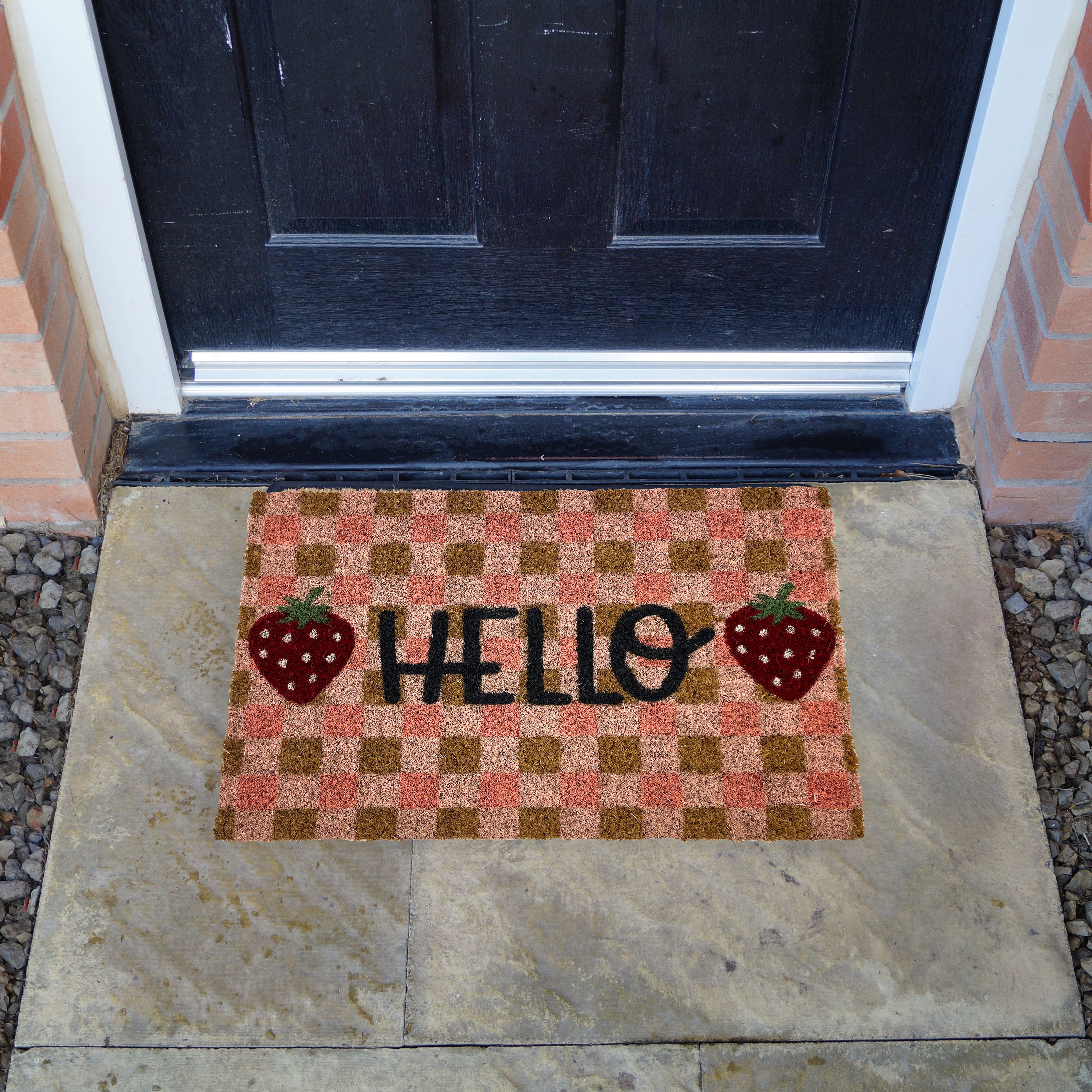 Natural & Pink Hello Strawberry Rectangular Door mat, 57cm x 40cm